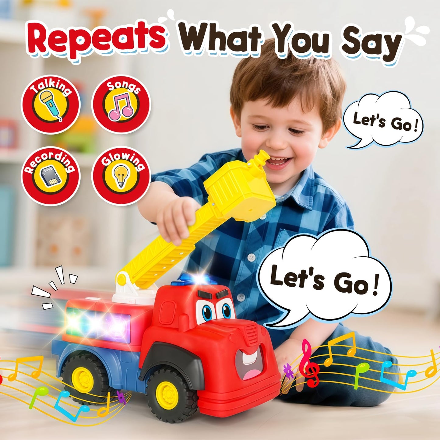 Hieoby Interactive Talking Fire Truck Toy for Toddlers 1-3 — Realistic Sirens, Lights, Songs & Recording