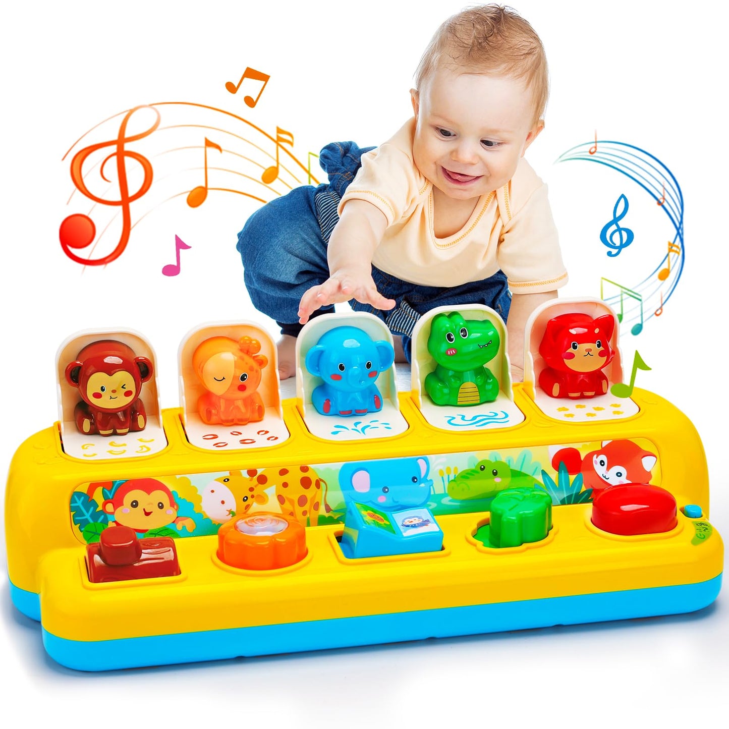 Hieoby Interactive Pop Up Animal Toy with Music & Lights – Montessori Cause & Effect Toy for Toddlers 9–24 Months