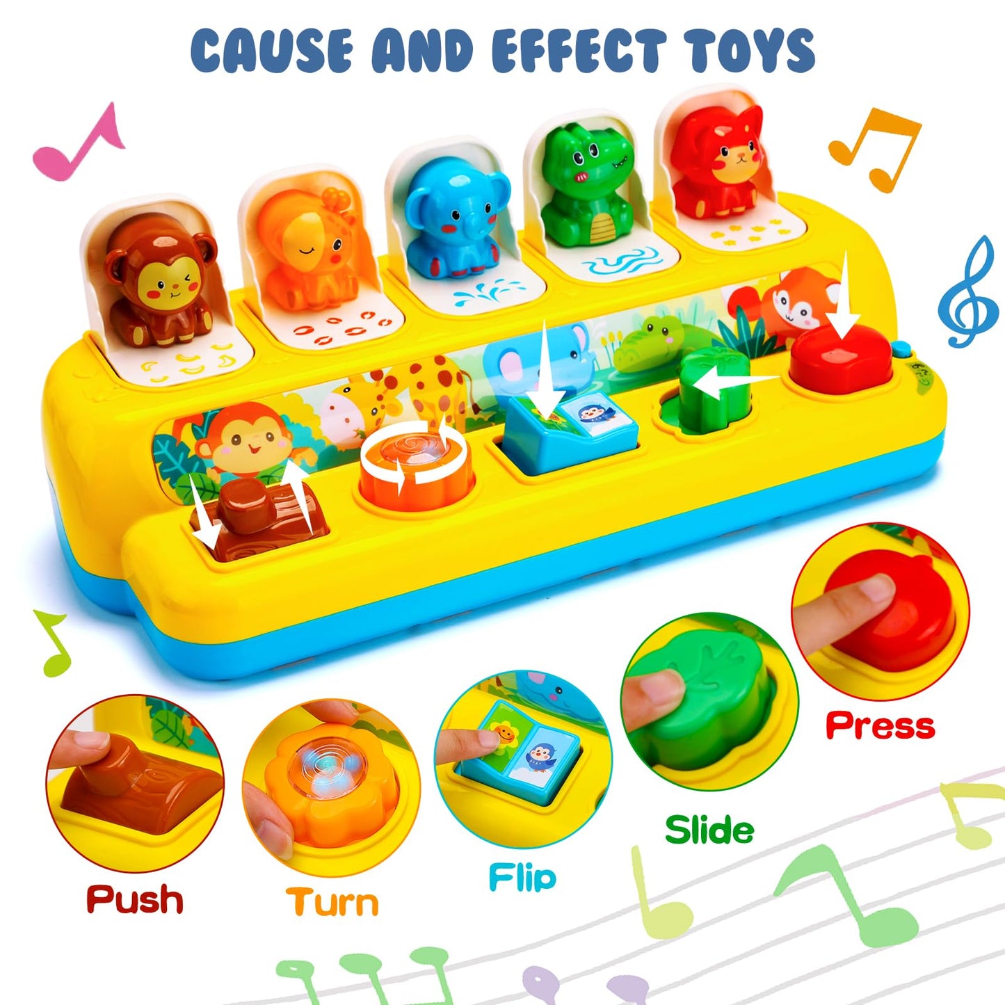 Hieoby Interactive Pop Up Animal Toy with Music & Lights – Montessori Cause & Effect Toy for Toddlers 9–24 Months