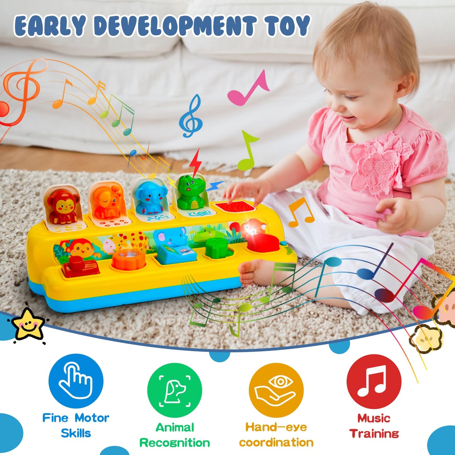 Hieoby Interactive Pop Up Animal Toy with Music & Lights – Montessori Cause & Effect Toy for Toddlers 9–24 Months