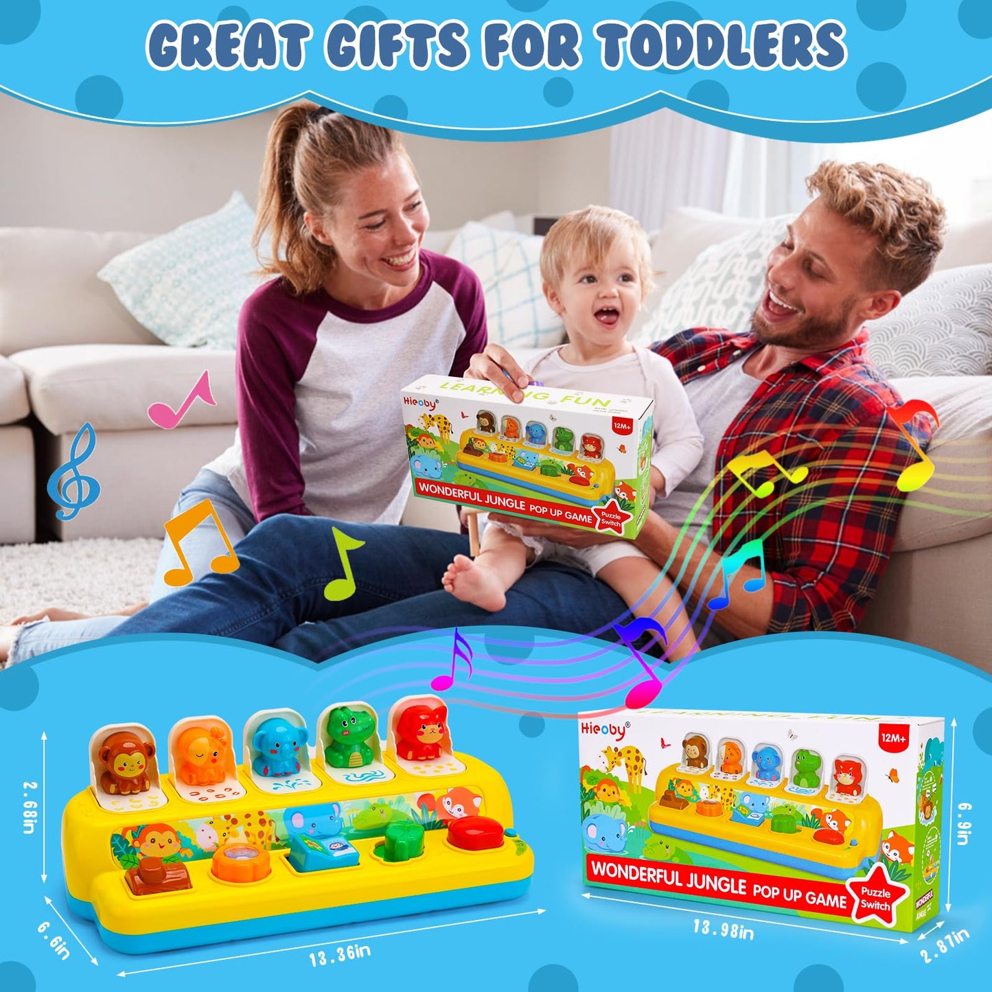Hieoby Interactive Pop Up Animal Toy with Music & Lights – Montessori Cause & Effect Toy for Toddlers 9–24 Months