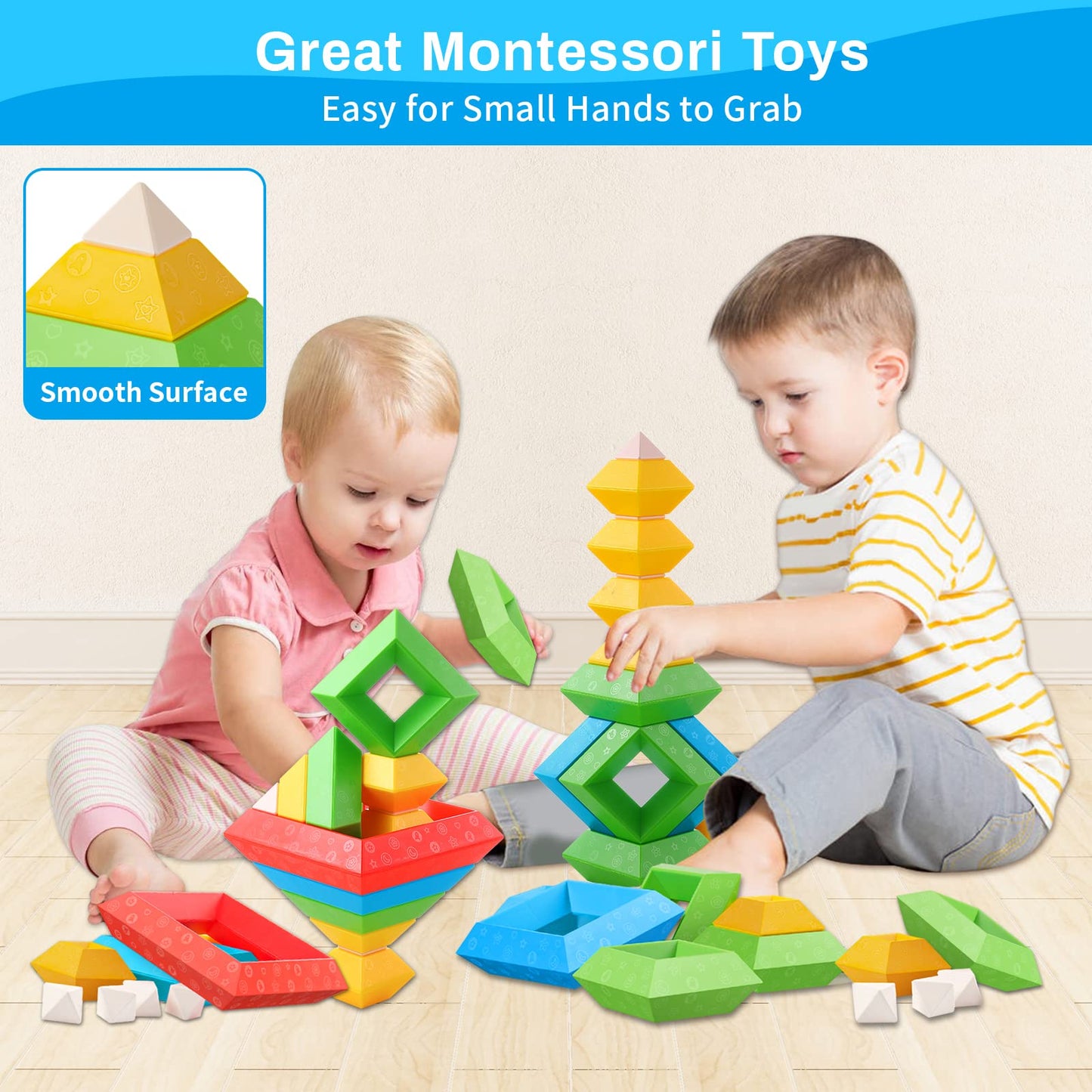 Hieoby Montessori Blocks 30pcs for Toddlers – STEM & Sensory Building Toys (Ages 1-4)