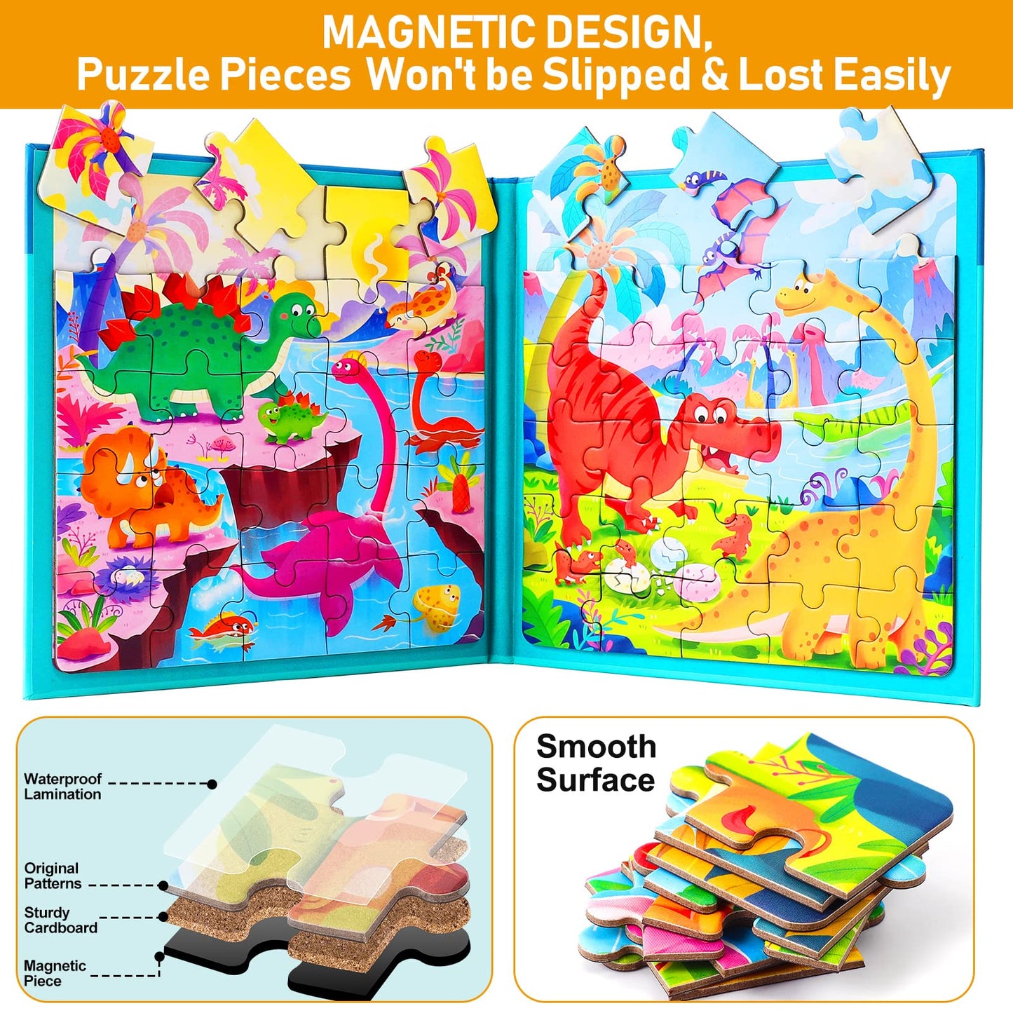 Hieoby Magnetic Puzzles for Kids 3-5 | Two-Book Dinosaur & Animal Puzzle Set