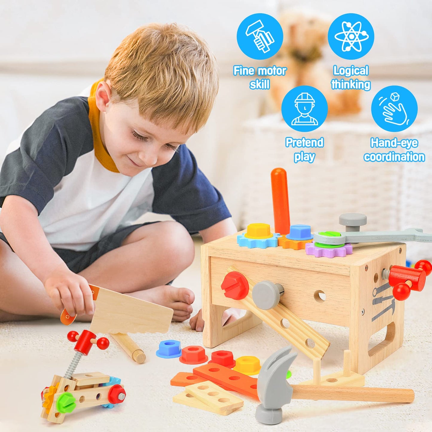 Hieoby Wooden 29-Piece Tool Set for Kids - STEM Montessori Toy for Ages 2-4