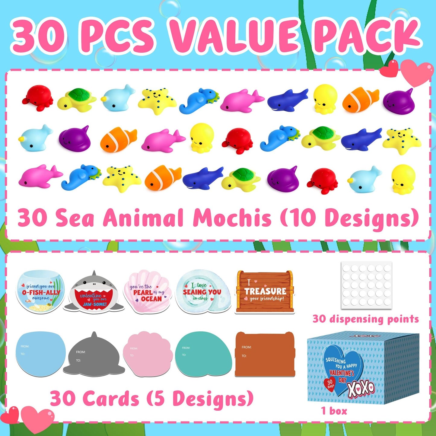 HiFulerr Valentines Day Cards for Kids – 30 Ocean Mochi Squishy Valentines for Class