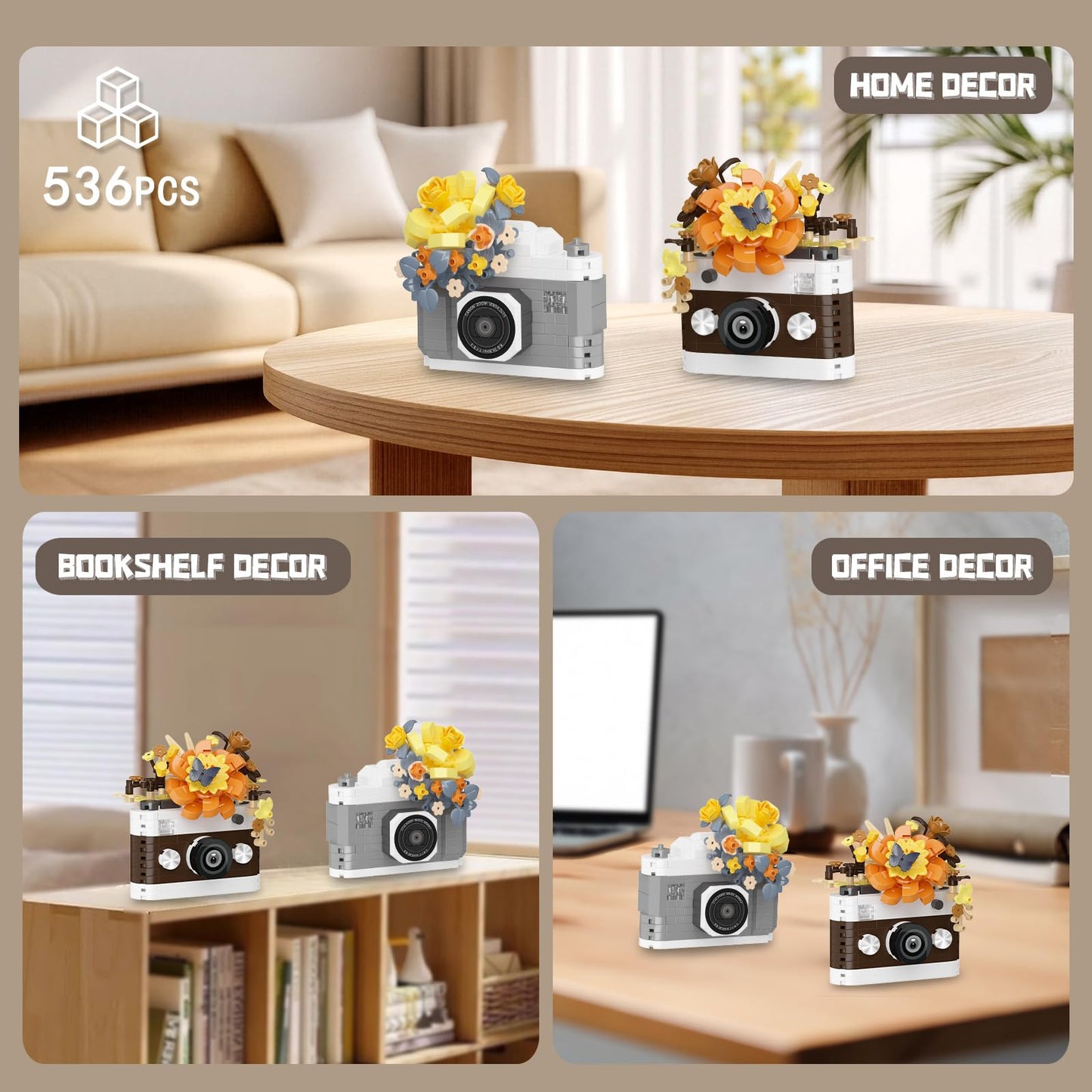 HIGH GODO 2-Set Cute Flowers Camera Building Set | 536-Piece Creative Block Build for Teens & Adults