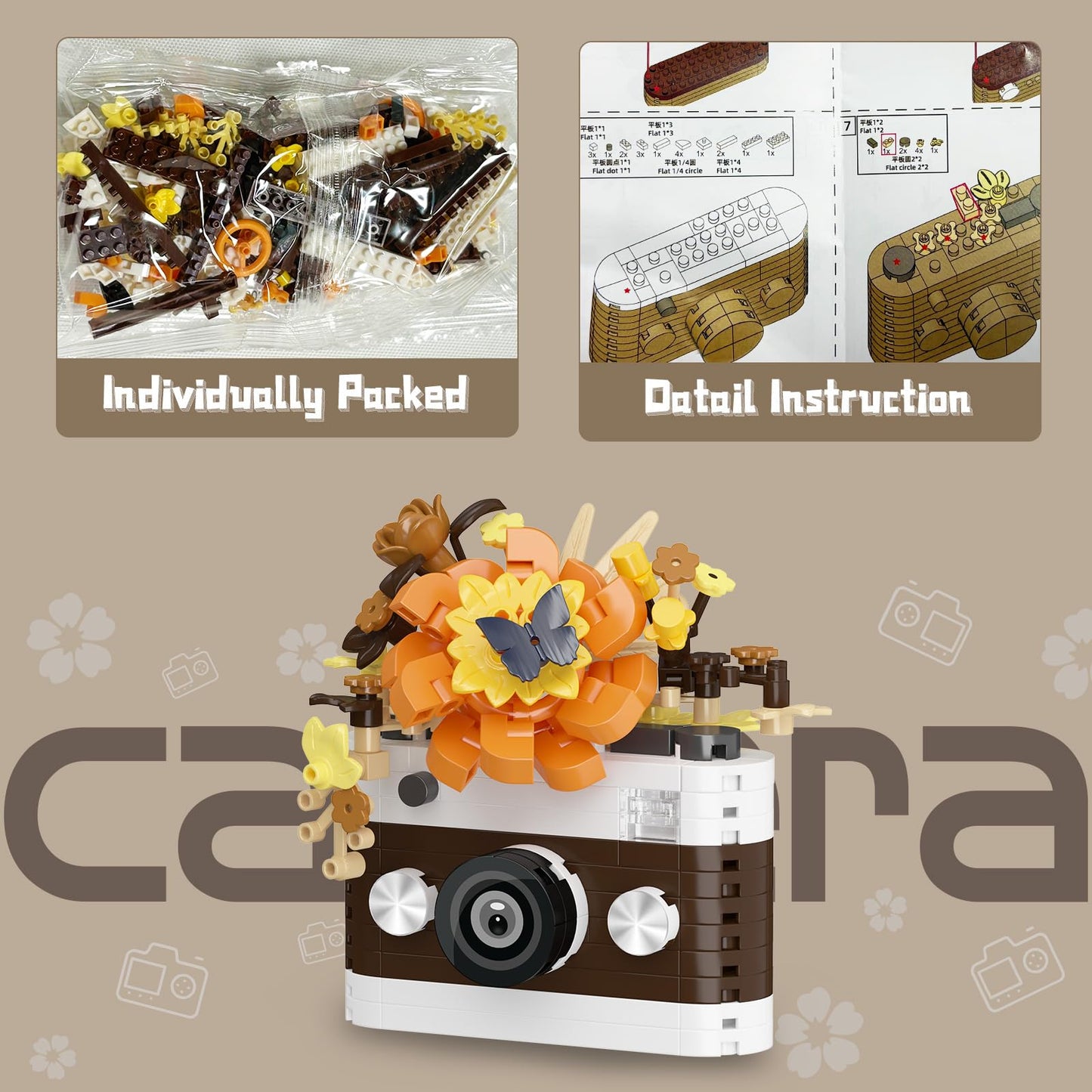 HIGH GODO 2-Set Cute Flowers Camera Building Set | 536-Piece Creative Block Build for Teens & Adults