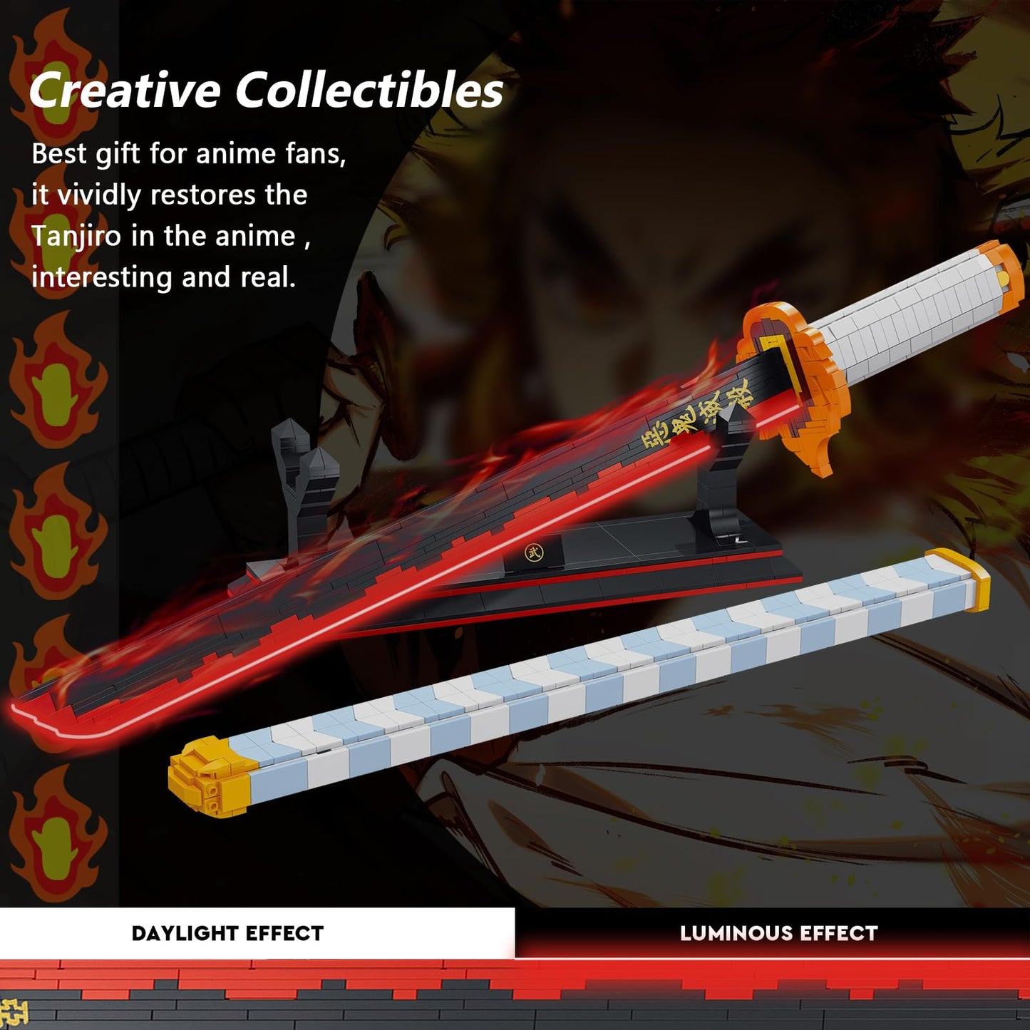 HIGH GODO Demon Anime Sword Building Set – 27in Rengoku Kyoujurou Sword with Scabbard & Stand | 790 Pieces