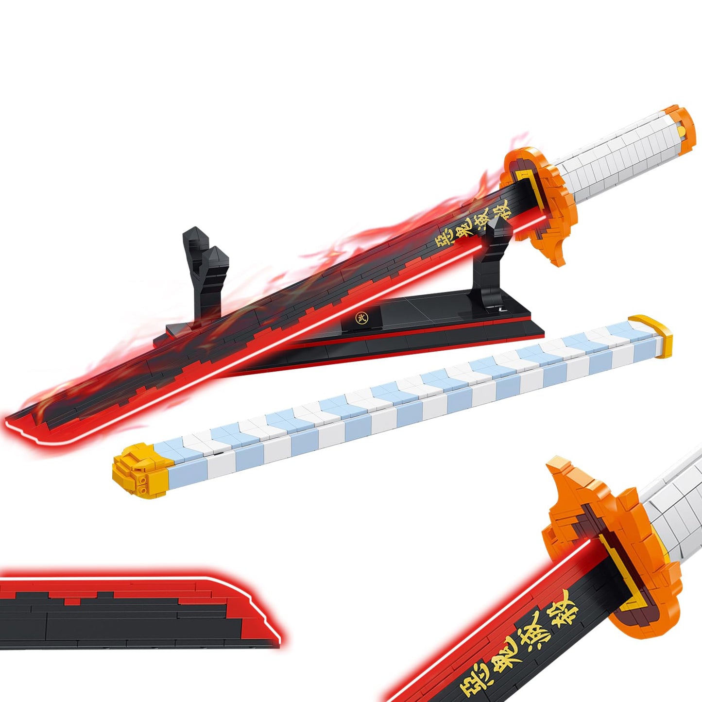 HIGH GODO Demon Anime Sword Building Set – 27in Rengoku Kyoujurou Sword with Scabbard & Stand | 790 Pieces