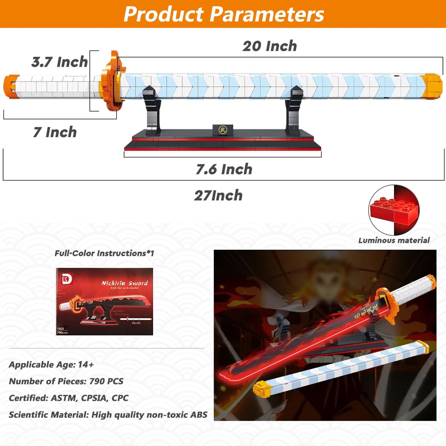 HIGH GODO Demon Anime Sword Building Set – 27in Rengoku Kyoujurou Sword with Scabbard & Stand | 790 Pieces