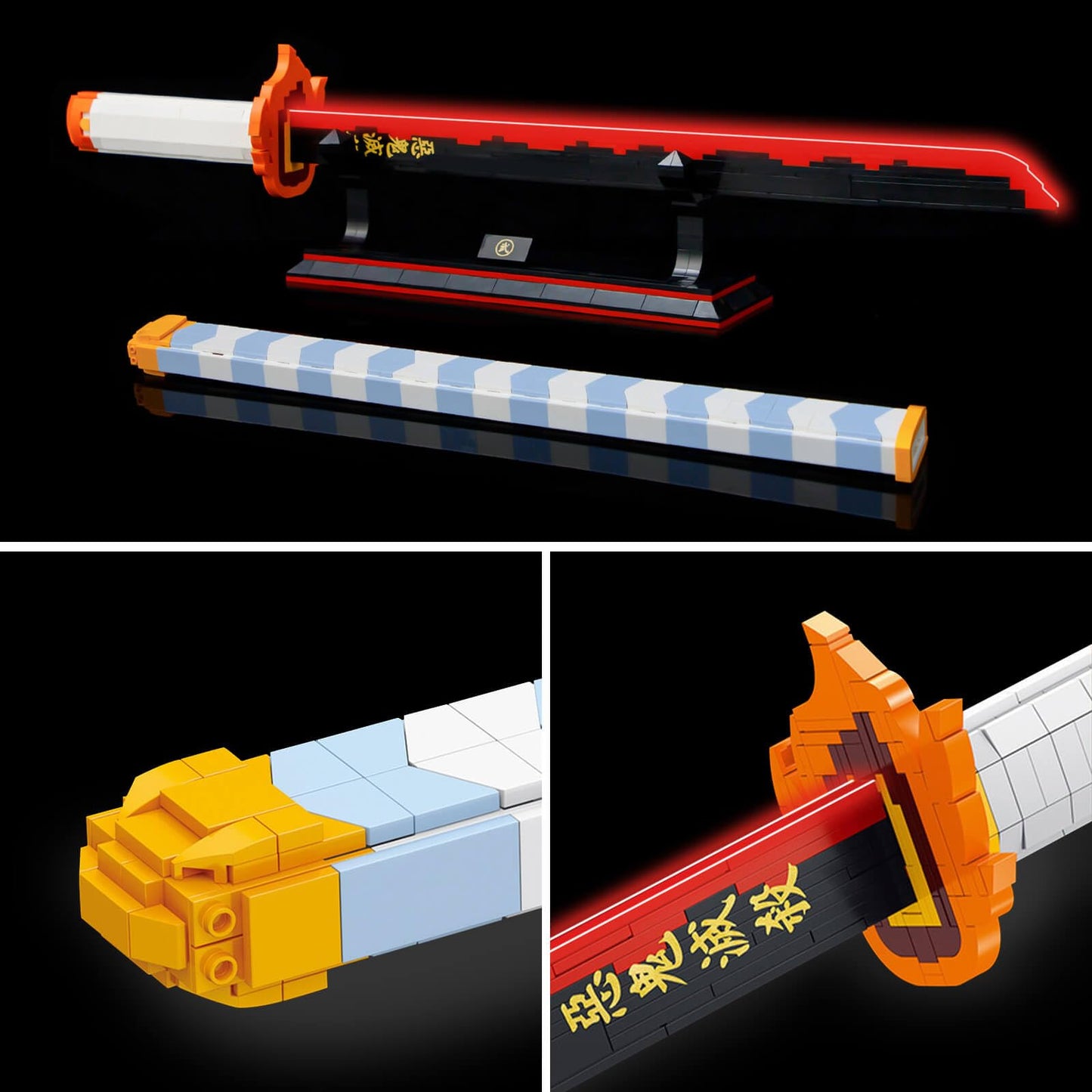 HIGH GODO Demon Anime Sword Building Set – 27in Rengoku Kyoujurou Sword with Scabbard & Stand | 790 Pieces