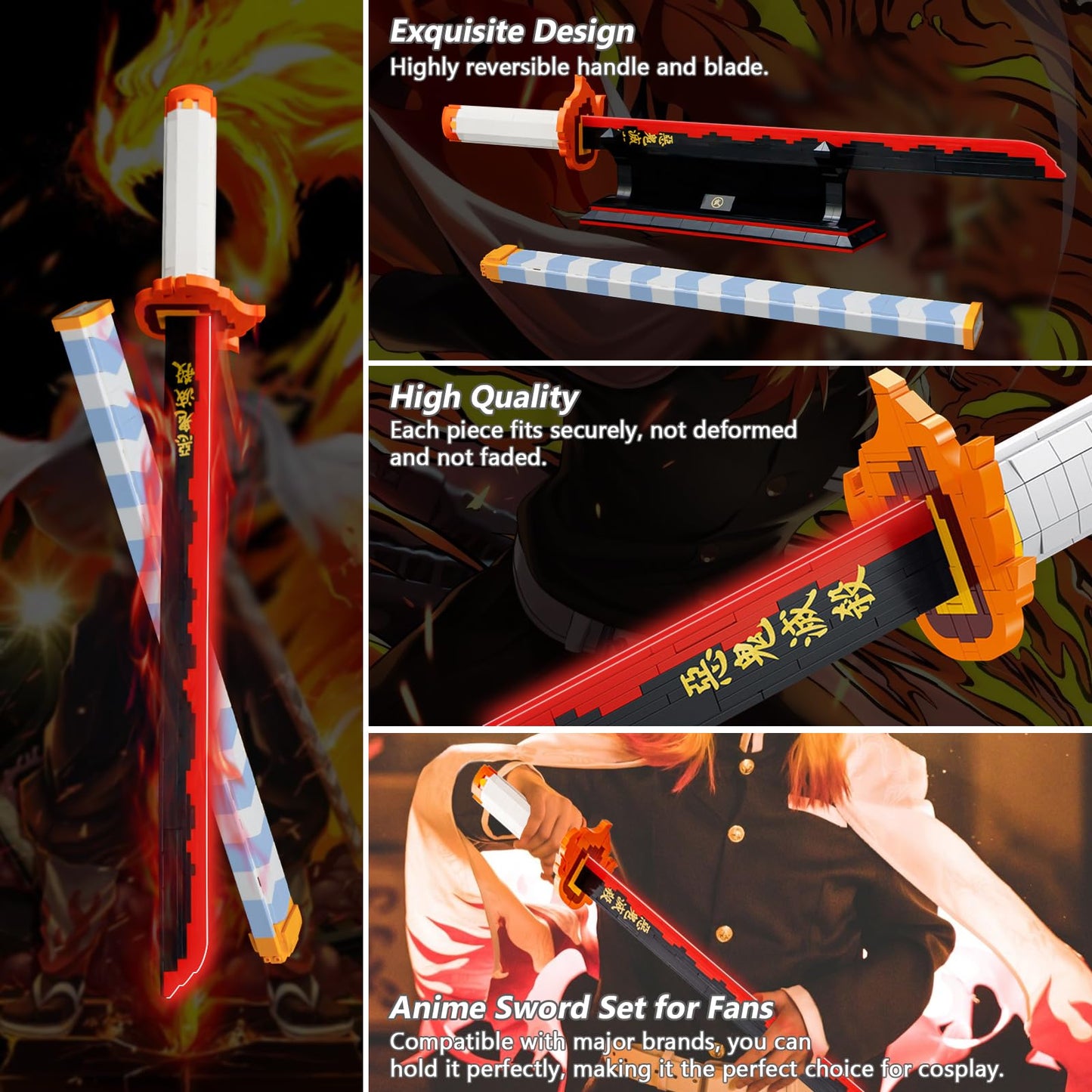 HIGH GODO Demon Anime Sword Building Set – 27in Rengoku Kyoujurou Sword with Scabbard & Stand | 790 Pieces