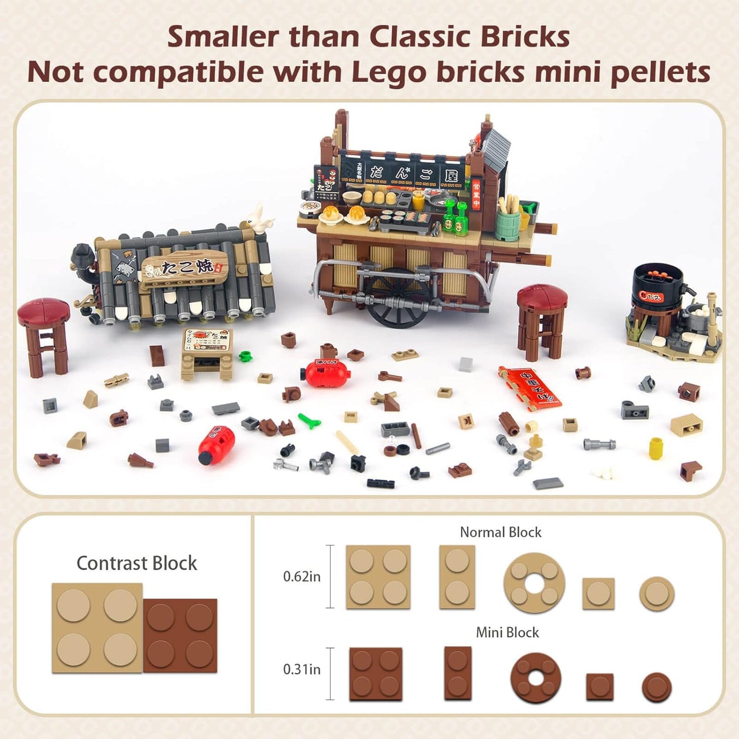 HIGH GODO Japan Street Mini Building Set – Takoyaki Shop MOC, 951 Pieces, Gift for Adults & Teens 14+