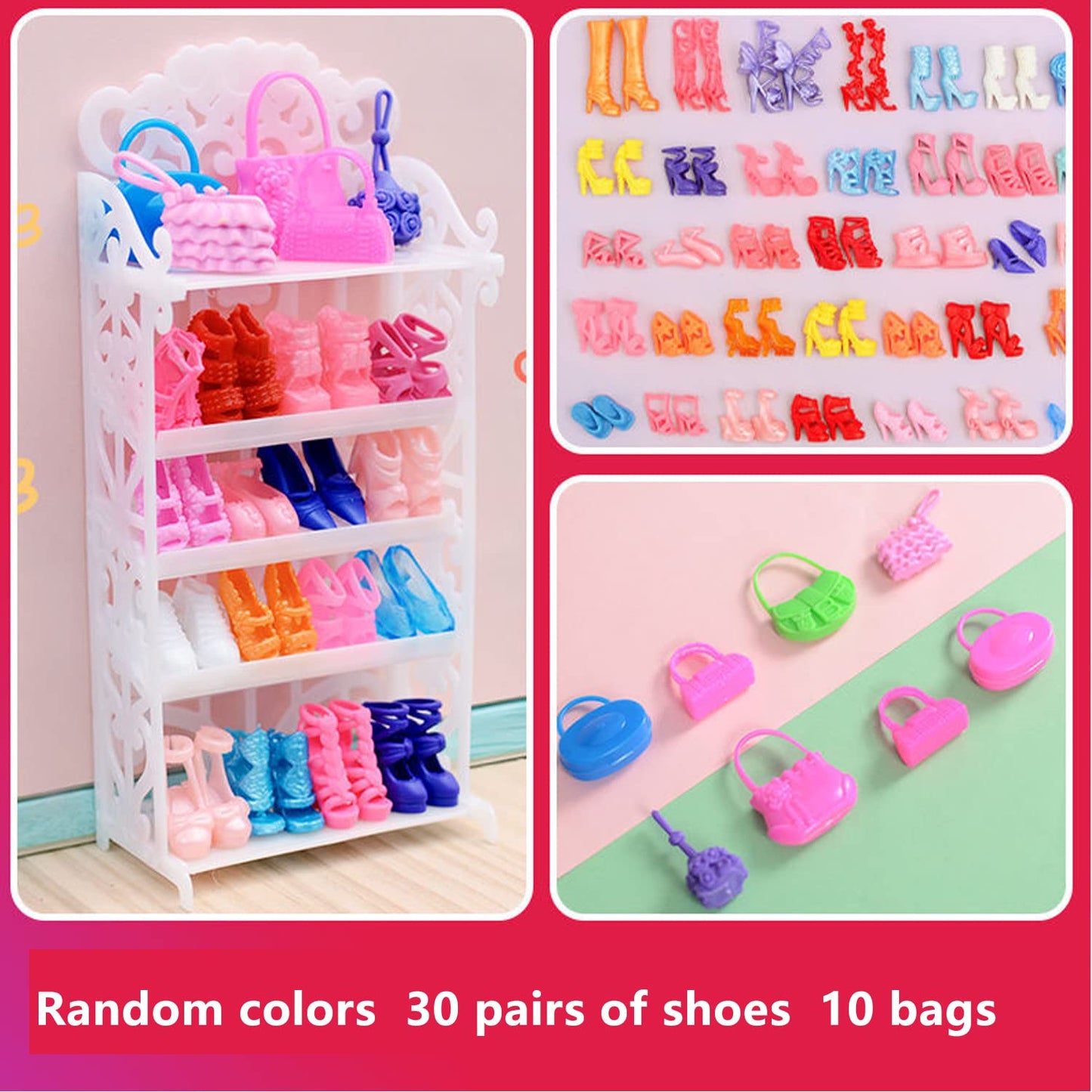 HighFun 51-Piece Doll Accessories with Shoe Rack – 30 Shoes, 10 Handbags & 10 Glasses for 11.5-Inch Dolls