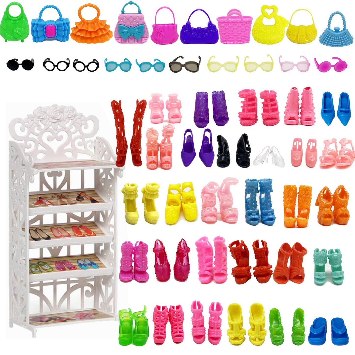 HighFun 51-Piece Doll Accessories with Shoe Rack – 30 Shoes, 10 Handbags & 10 Glasses for 11.5-Inch Dolls