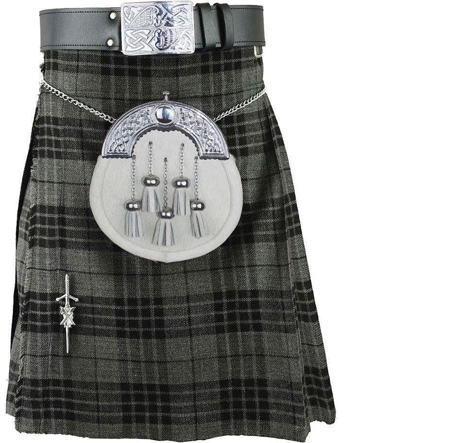 Highland Grey Scottish Men's Kilt Outfit Set White Sporran, Chain,  Belt, Buckle,