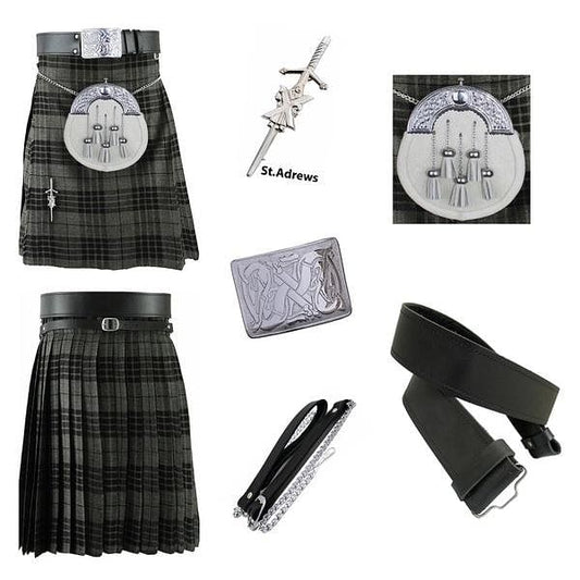 Highland Grey Scottish Men's Kilt Outfit Set White Sporran, Chain,  Belt, Buckle,