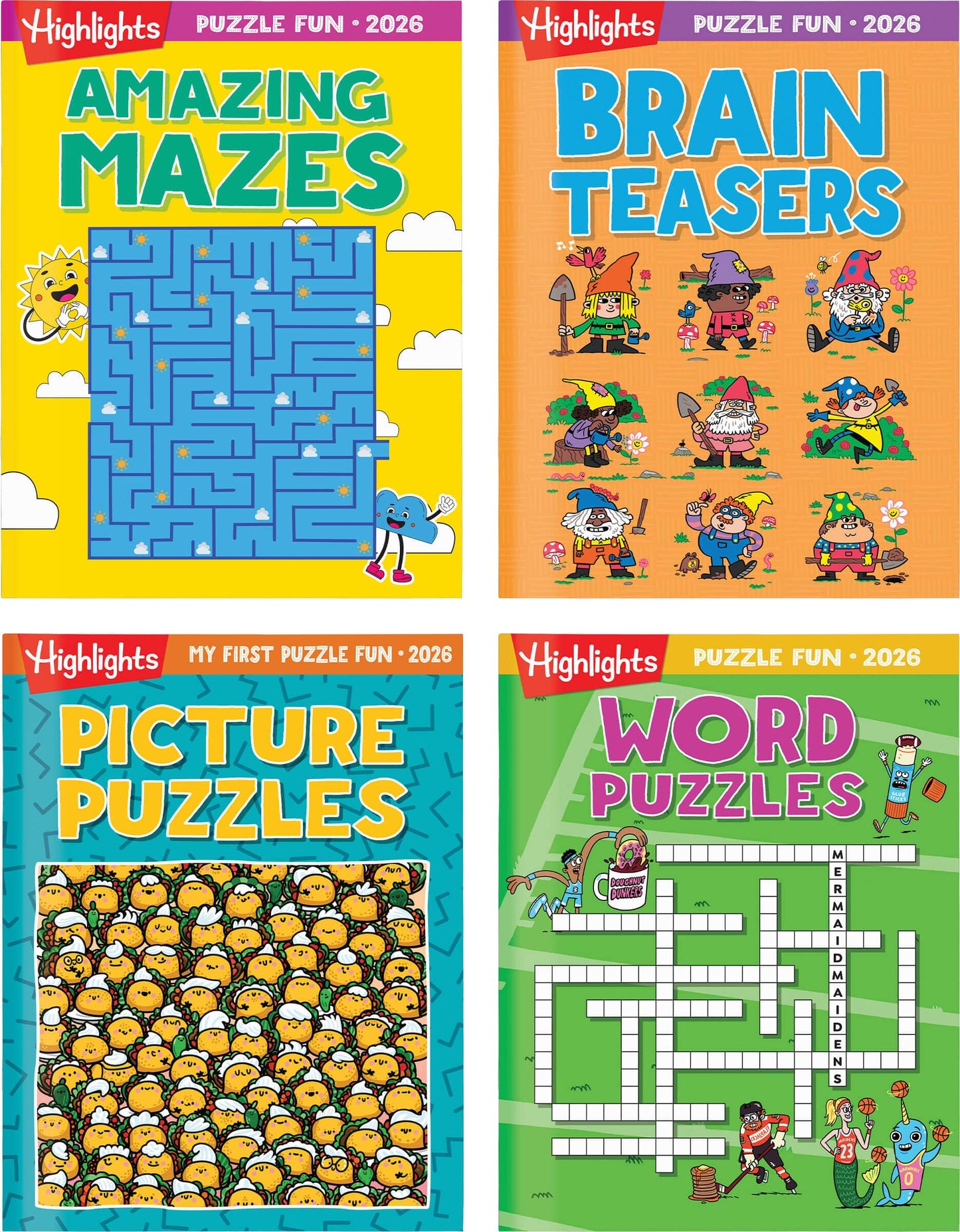 Highlights 2026 Puzzle Fun: 4-Book Set for Kids 6+ | Brain Teasers, Mazes & Word Games | Travel Activity