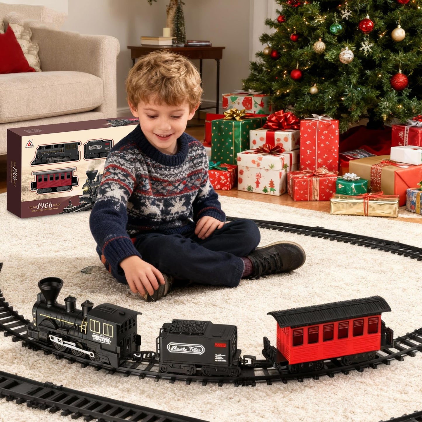 HIGHMALL 15-Piece Christmas Tree Train Set with Smoke, Sound & Lights – Kids Steam Train for Tree Display