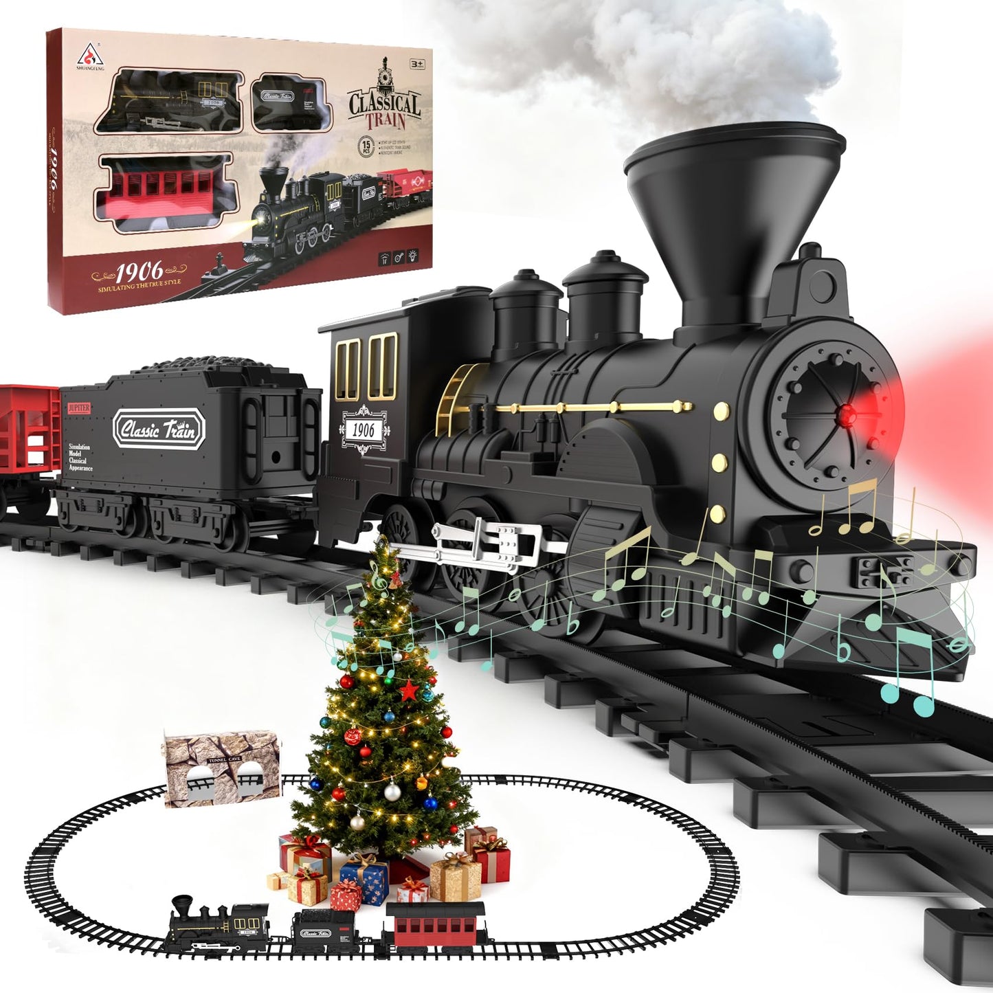 HIGHMALL 15-Piece Christmas Tree Train Set with Smoke, Sound & Lights – Kids Steam Train for Tree Display
