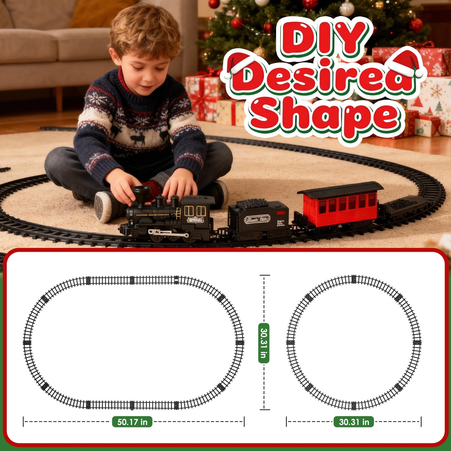 HIGHMALL 15-Piece Christmas Tree Train Set with Smoke, Sound & Lights – Kids Steam Train for Tree Display