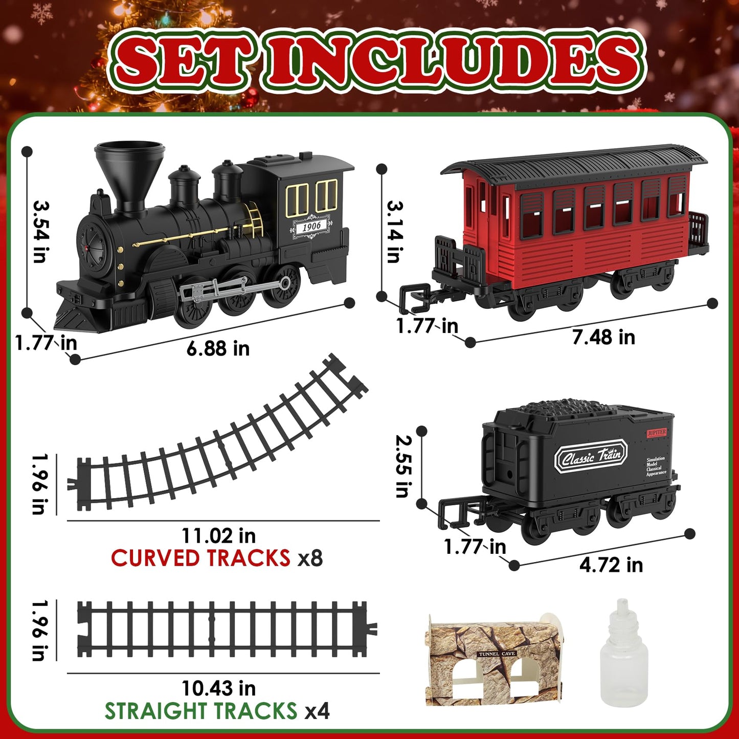 HIGHMALL 15-Piece Christmas Tree Train Set with Smoke, Sound & Lights – Kids Steam Train for Tree Display