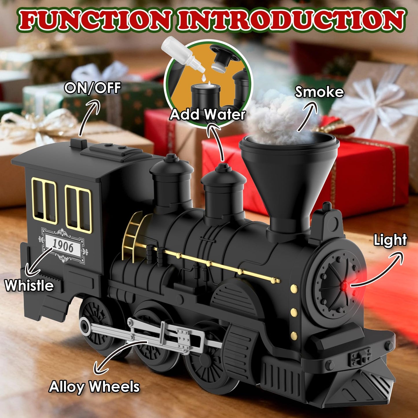 HIGHMALL 15-Piece Christmas Tree Train Set with Smoke, Sound & Lights – Kids Steam Train for Tree Display