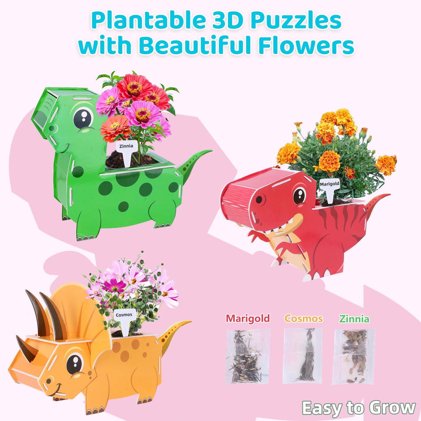 HiHOYA Flower Growing Kit for Kids – 3D Dinosaur Puzzles Garden Set for Ages 6-12