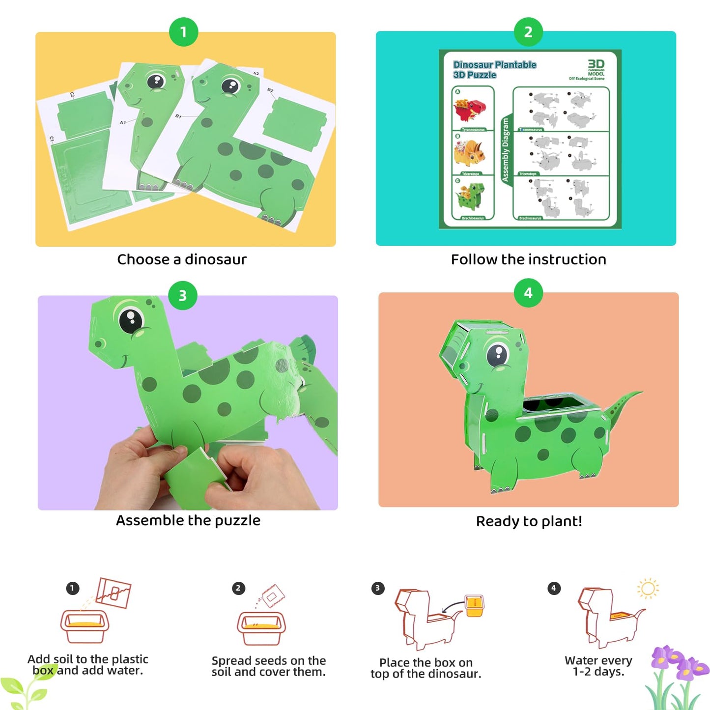 HiHOYA Flower Growing Kit for Kids – 3D Dinosaur Puzzles Garden Set for Ages 6-12