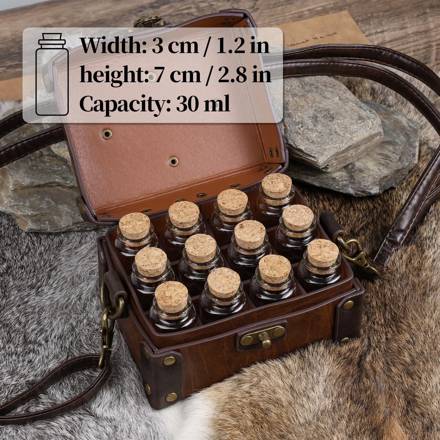 HiiFeuer Medieval Faux Leather Alchemy Box – 12 Cork Vials