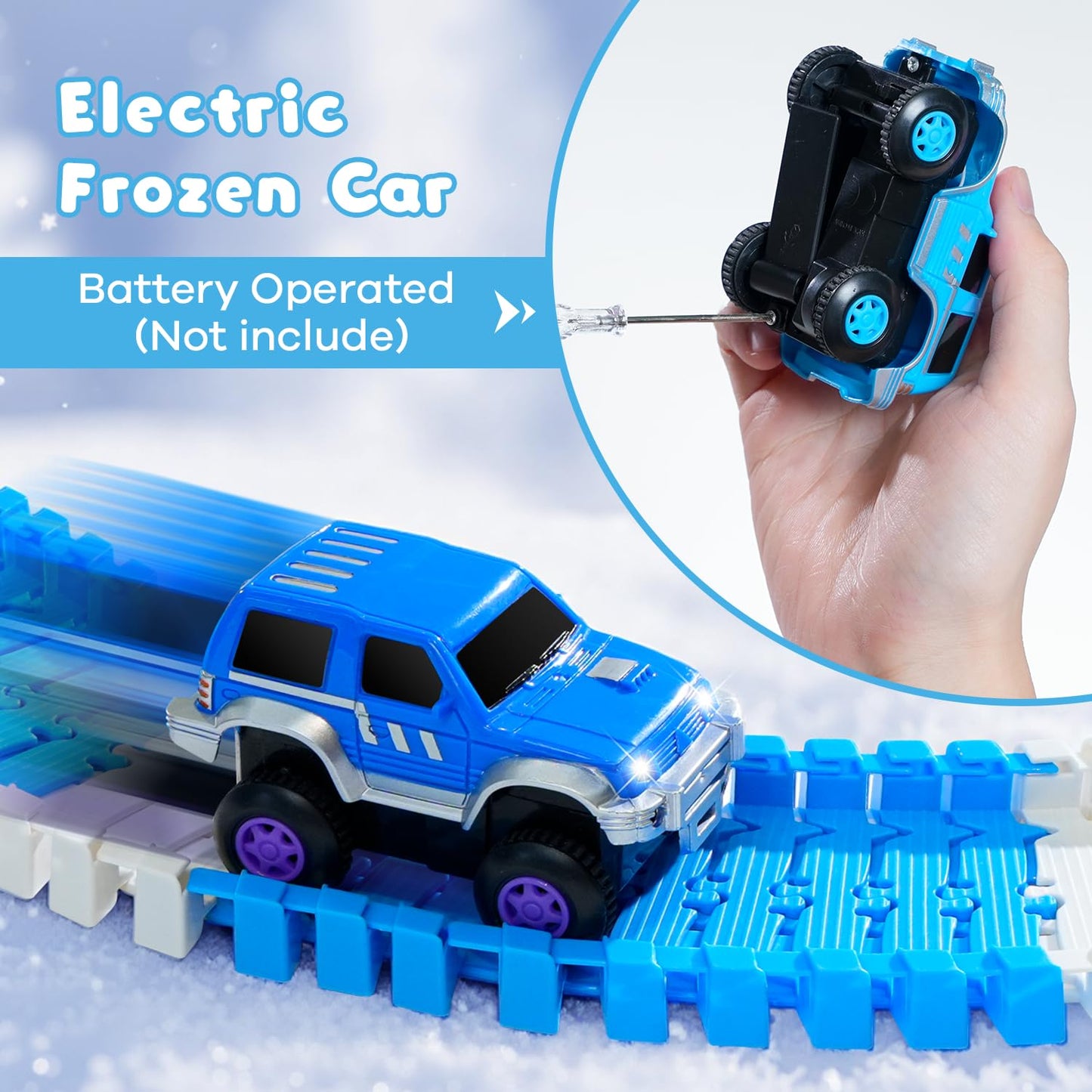 Hiketrax Frozen Race Track Toys for Girls 3-8 | 224-Piece Flexible DIY Track Set with Monster Trucks