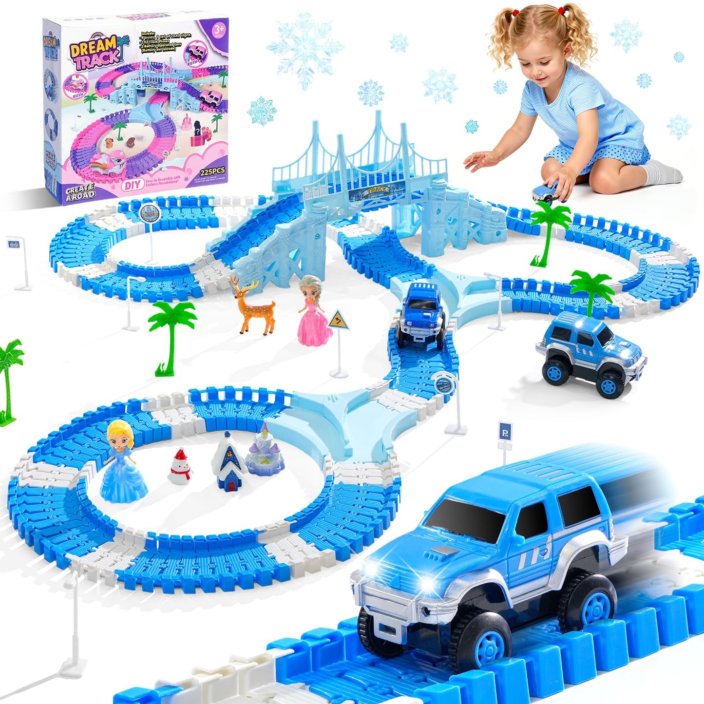 Hiketrax Frozen Race Track Toys for Girls 3-8 | 224-Piece Flexible DIY Track Set with Monster Trucks