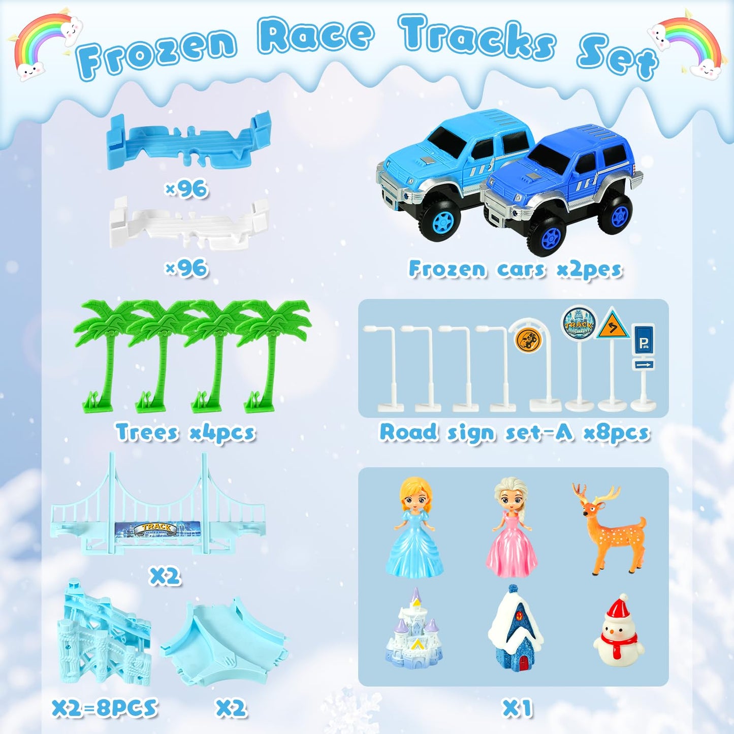 Hiketrax Frozen Race Track Toys for Girls 3-8 | 224-Piece Flexible DIY Track Set with Monster Trucks