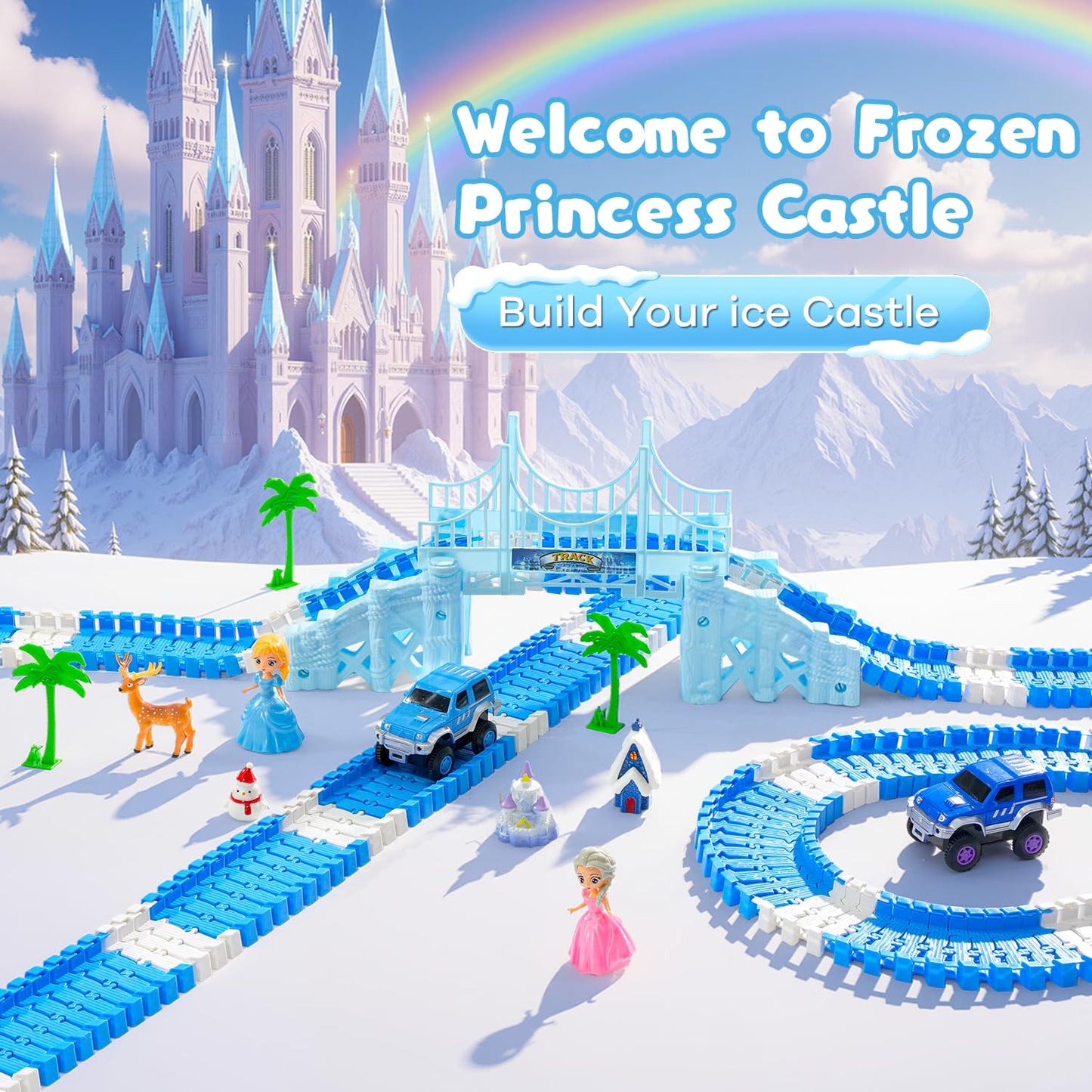 Hiketrax Frozen Race Track Toys for Girls 3-8 | 224-Piece Flexible DIY Track Set with Monster Trucks