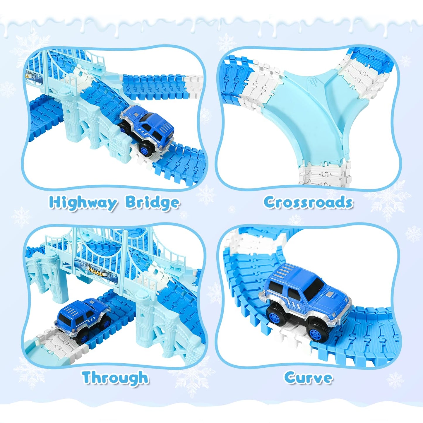Hiketrax Frozen Race Track Toys for Girls 3-8 | 224-Piece Flexible DIY Track Set with Monster Trucks