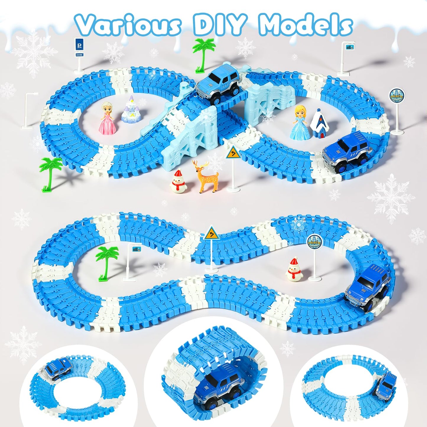 Hiketrax Frozen Race Track Toys for Girls 3-8 | 224-Piece Flexible DIY Track Set with Monster Trucks