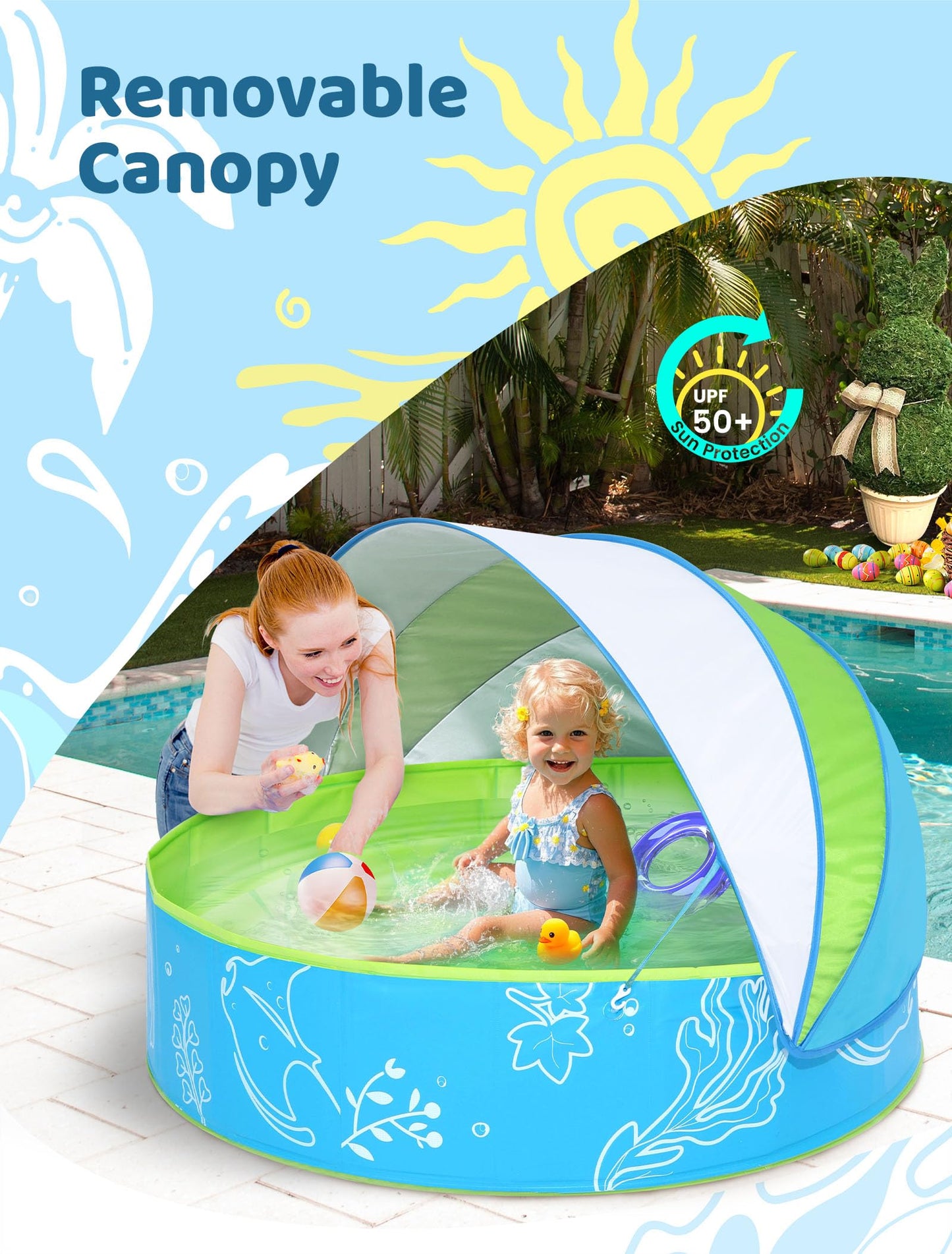 Hikiddy Foldable Kiddie Pool with Canopy — 47in Blue-Green Sun Shade Pool for Kids