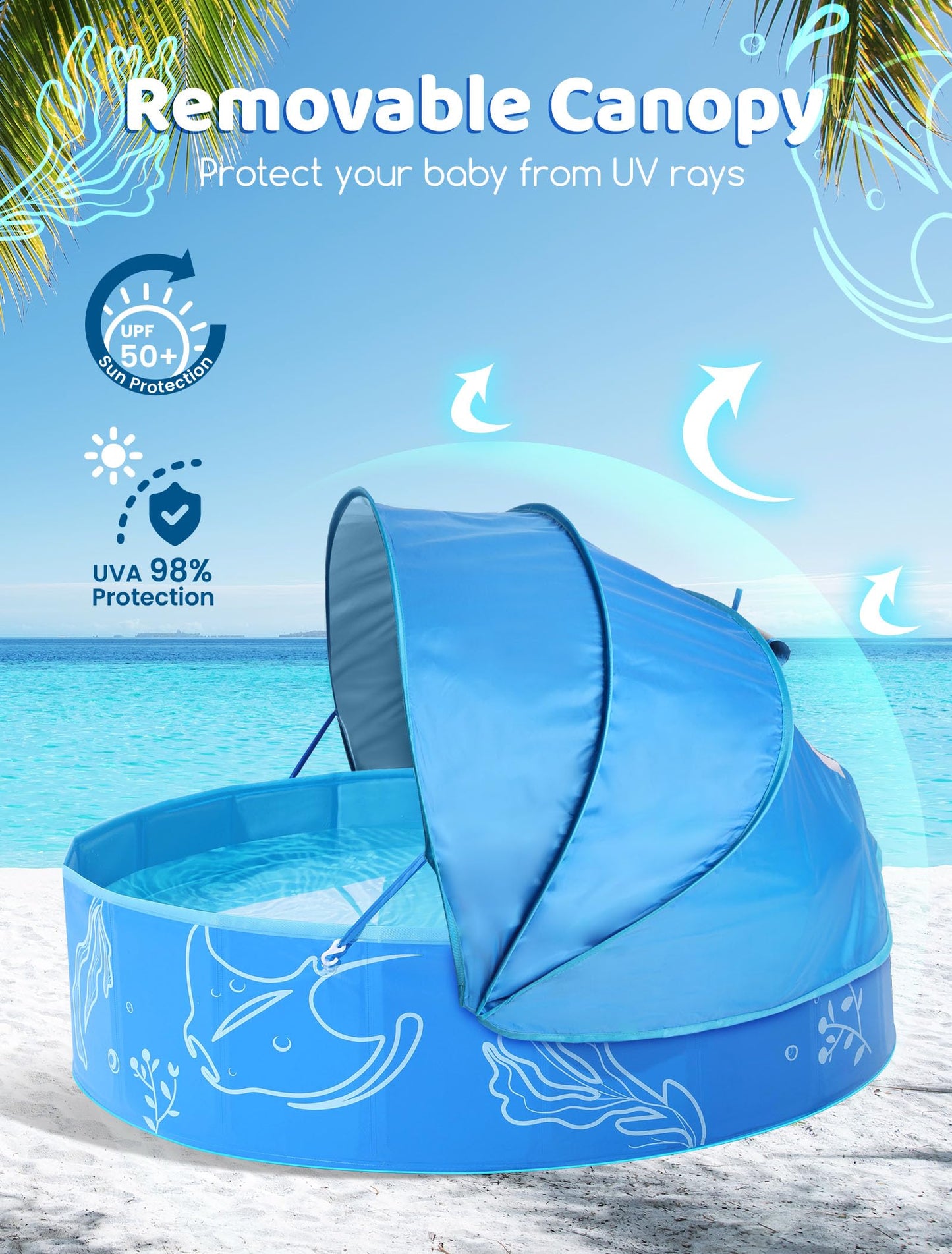 Hikiddy Foldable Kiddie Pool with Canopy — 47-Inch Portable Pool for Toddlers & Kids (Blue-Blue)