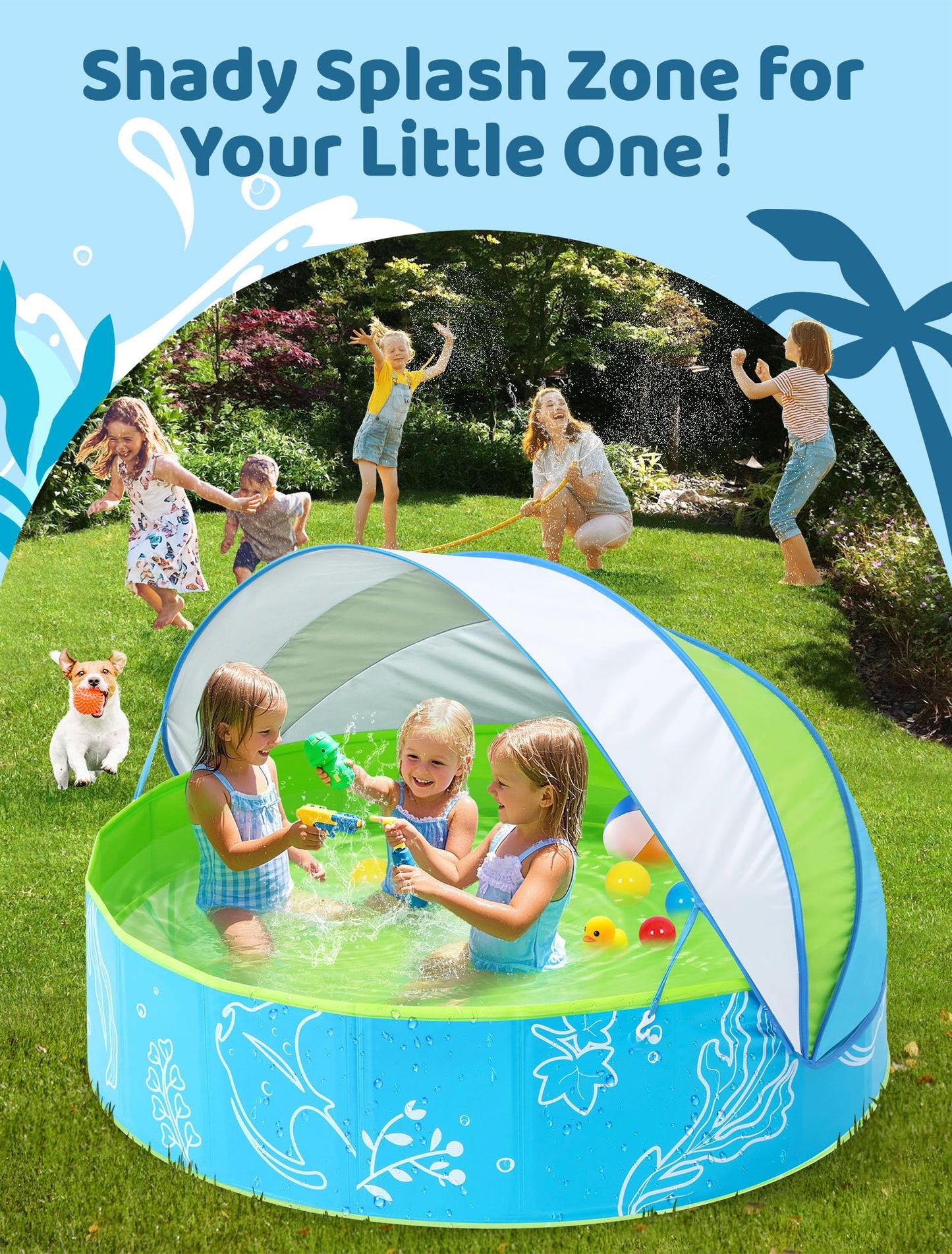 Hikiddy Foldable Kiddie Pool with Canopy — 47in Blue-Green Sun Shade Pool for Kids