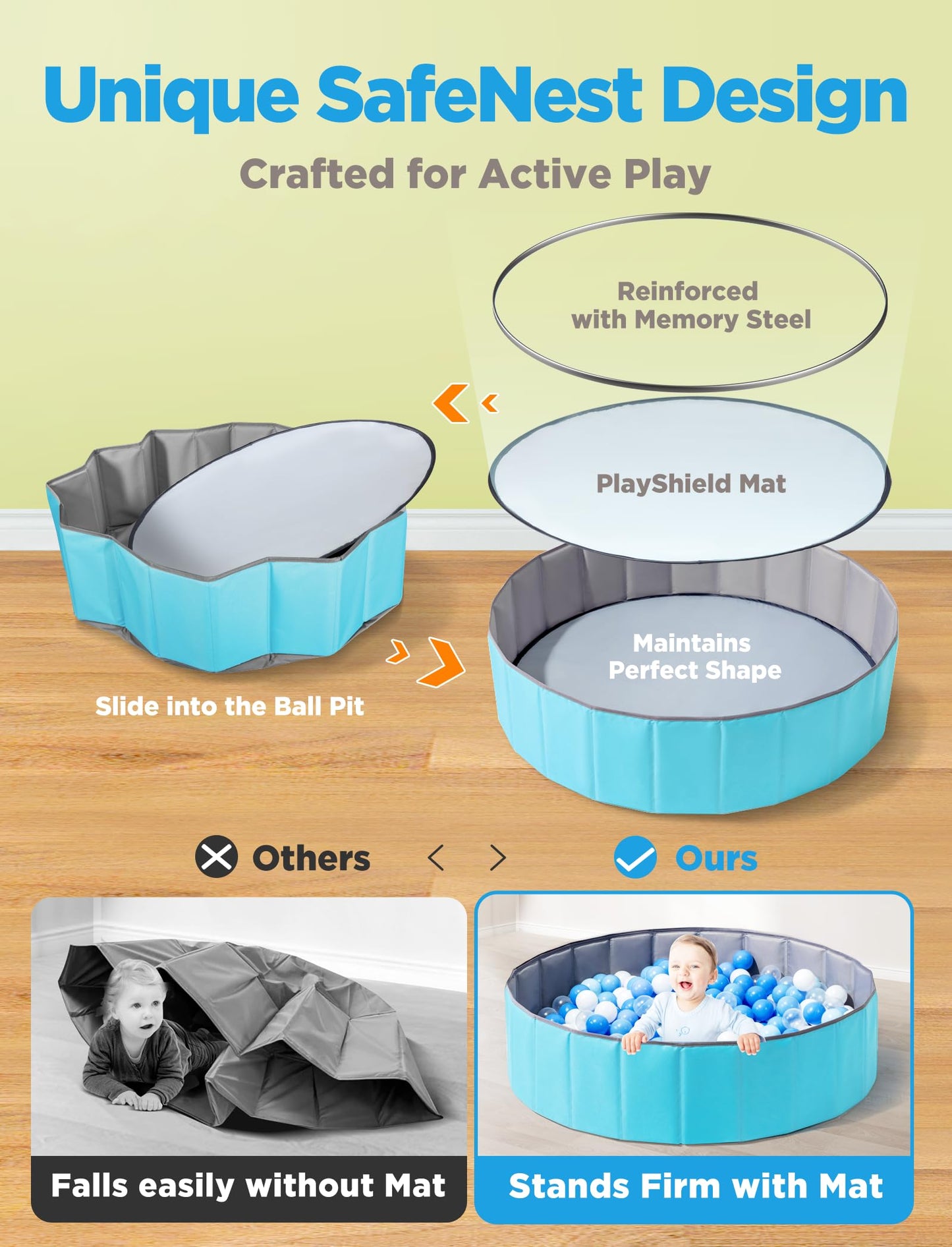 Hikiddy Large Ball Pit for Toddlers – 44” Foldable Ball Pool with Playmat, Holds 1000–1200 Balls