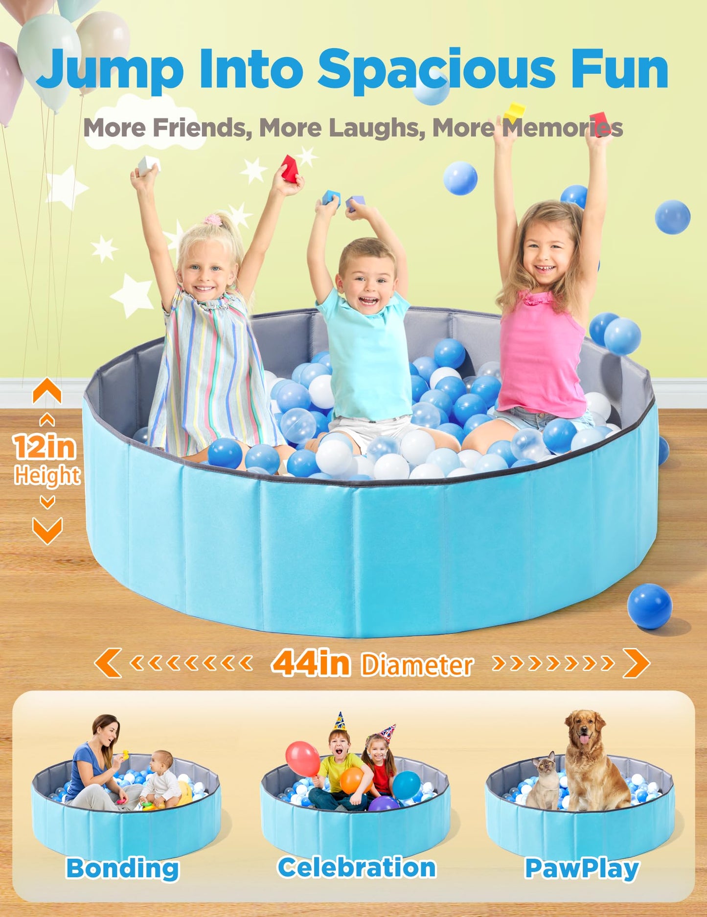 Hikiddy Large Ball Pit for Toddlers – 44” Foldable Ball Pool with Playmat, Holds 1000–1200 Balls