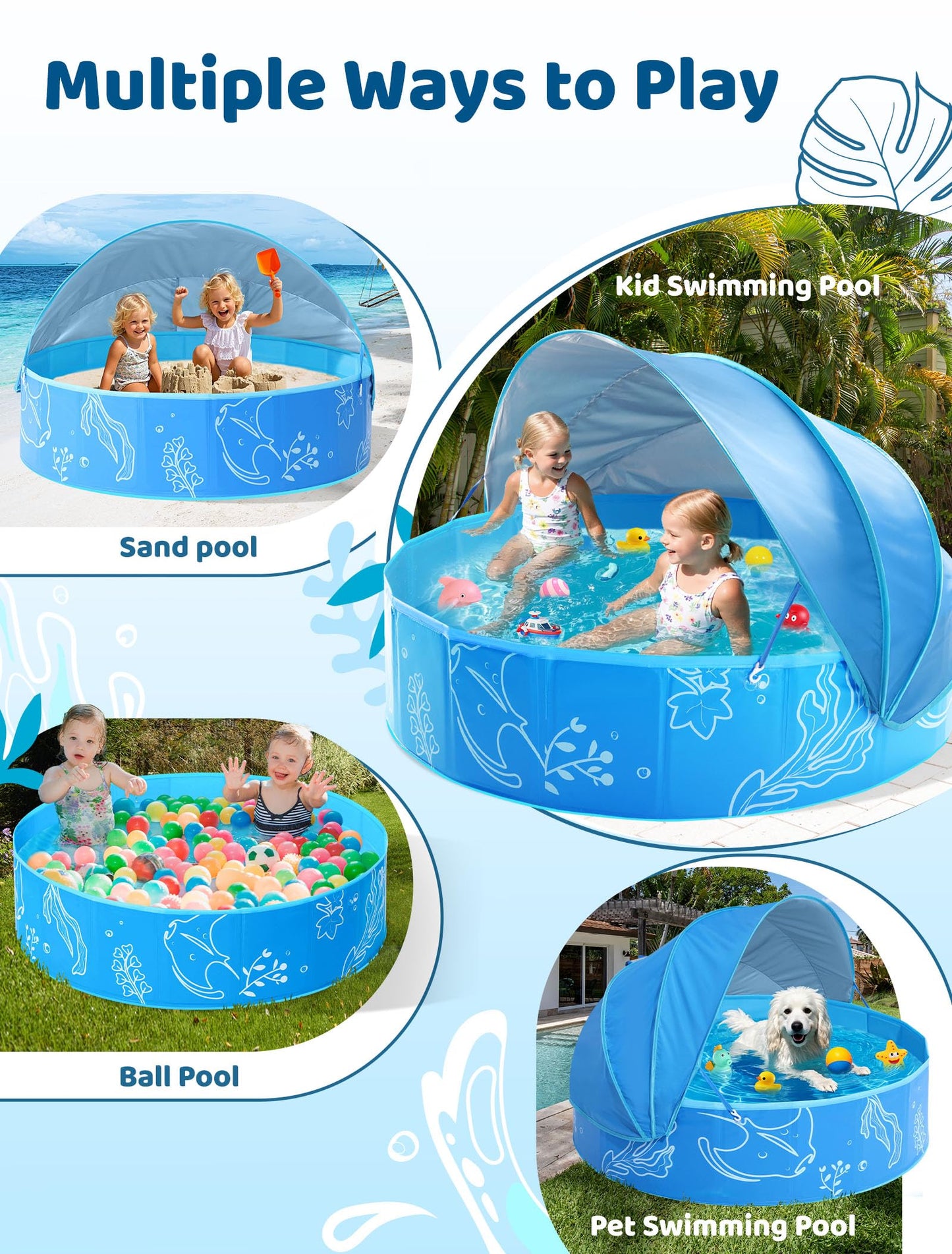 Hikiddy Foldable Kiddie Pool with Canopy — 47-Inch Portable Pool for Toddlers & Kids (Blue-Blue)