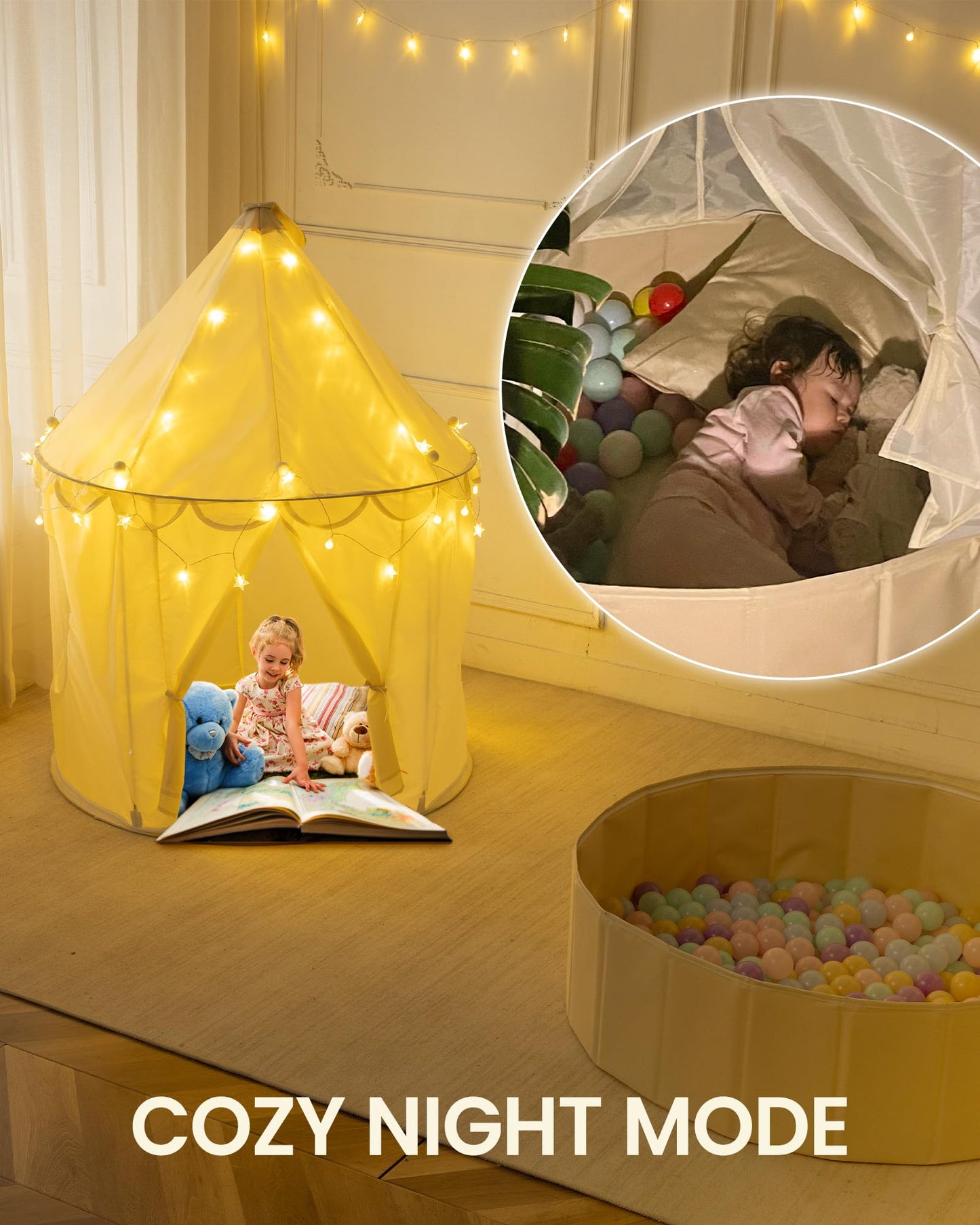 Hikiddy 3-in-1 Play Tent with Ball Pit – Foldable Beige Playhouse with Star Lights
