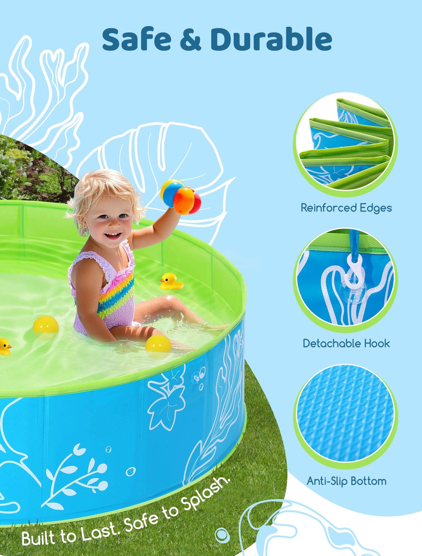 Hikiddy Foldable Kiddie Pool with Canopy — 47in Blue-Green Sun Shade Pool for Kids