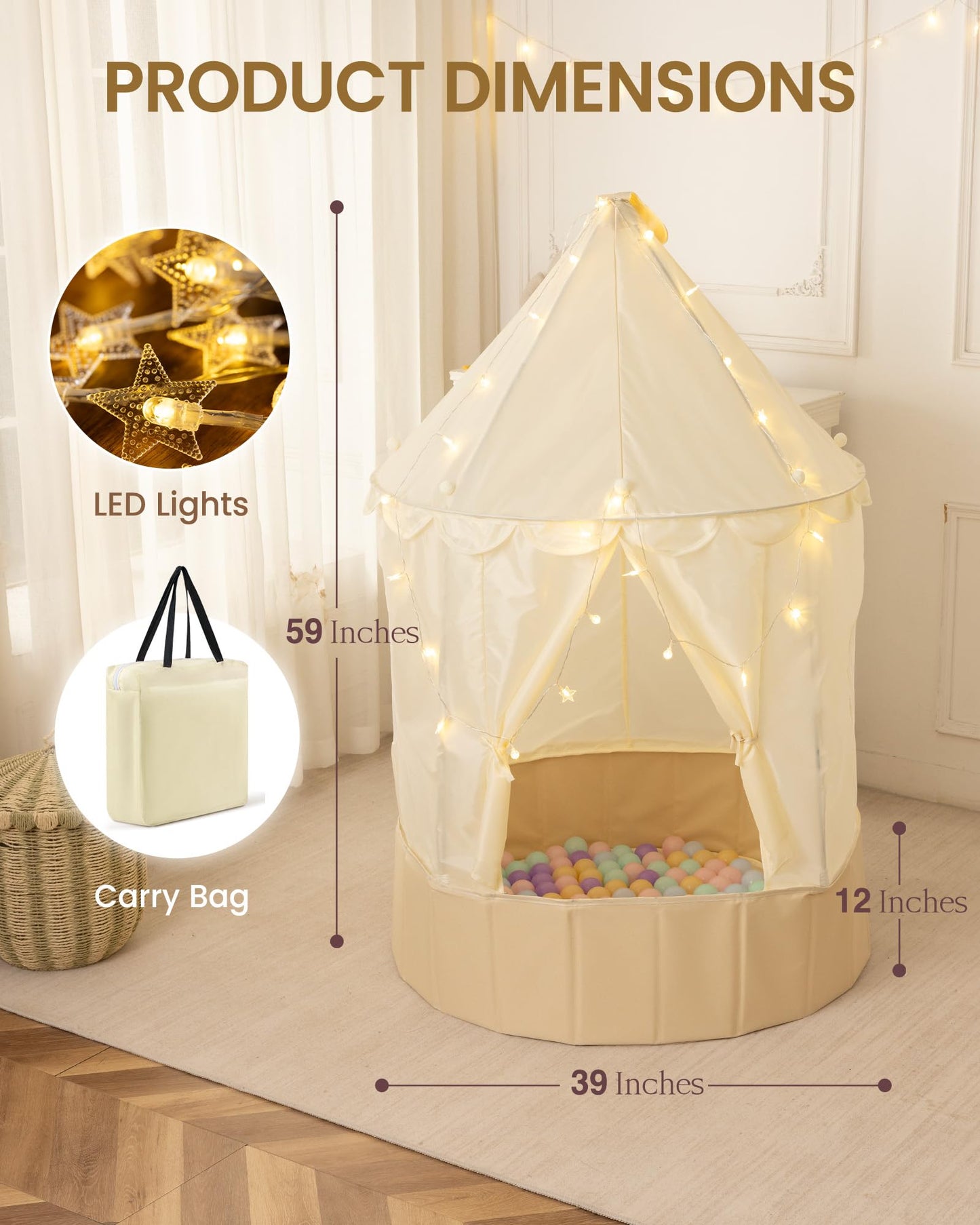 Hikiddy 3-in-1 Play Tent with Ball Pit – Foldable Beige Playhouse with Star Lights