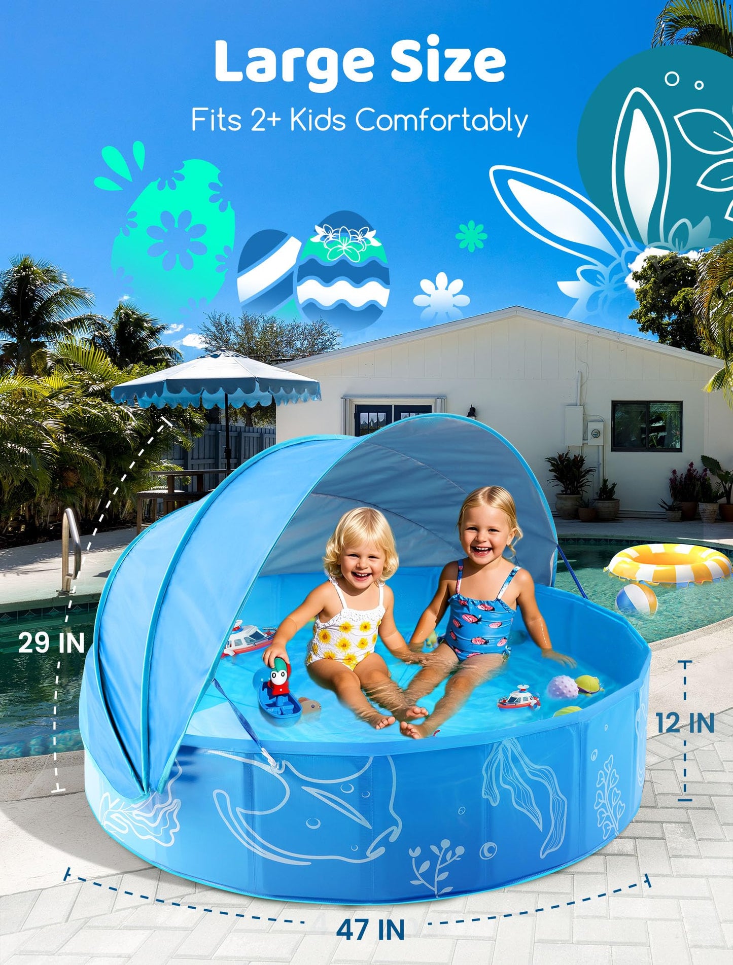 Hikiddy Foldable Kiddie Pool with Canopy — 47-Inch Portable Pool for Toddlers & Kids (Blue-Blue)