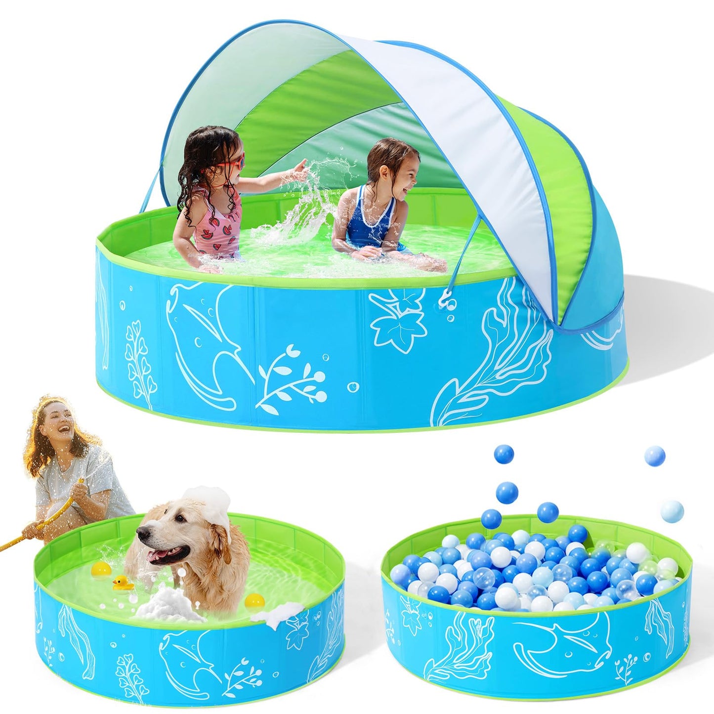 Hikiddy Foldable Kiddie Pool with Canopy — 47in Blue-Green Sun Shade Pool for Kids