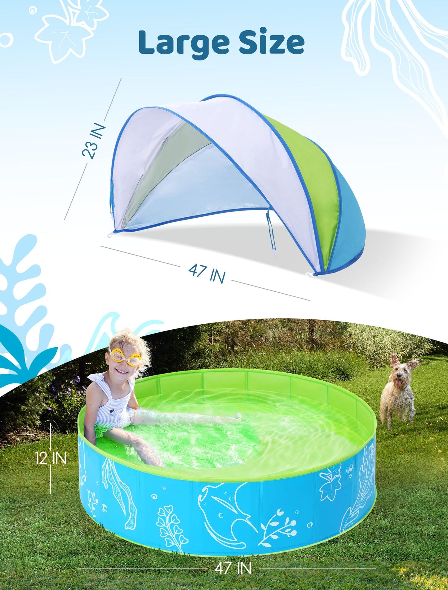 Hikiddy Foldable Kiddie Pool with Canopy — 47in Blue-Green Sun Shade Pool for Kids