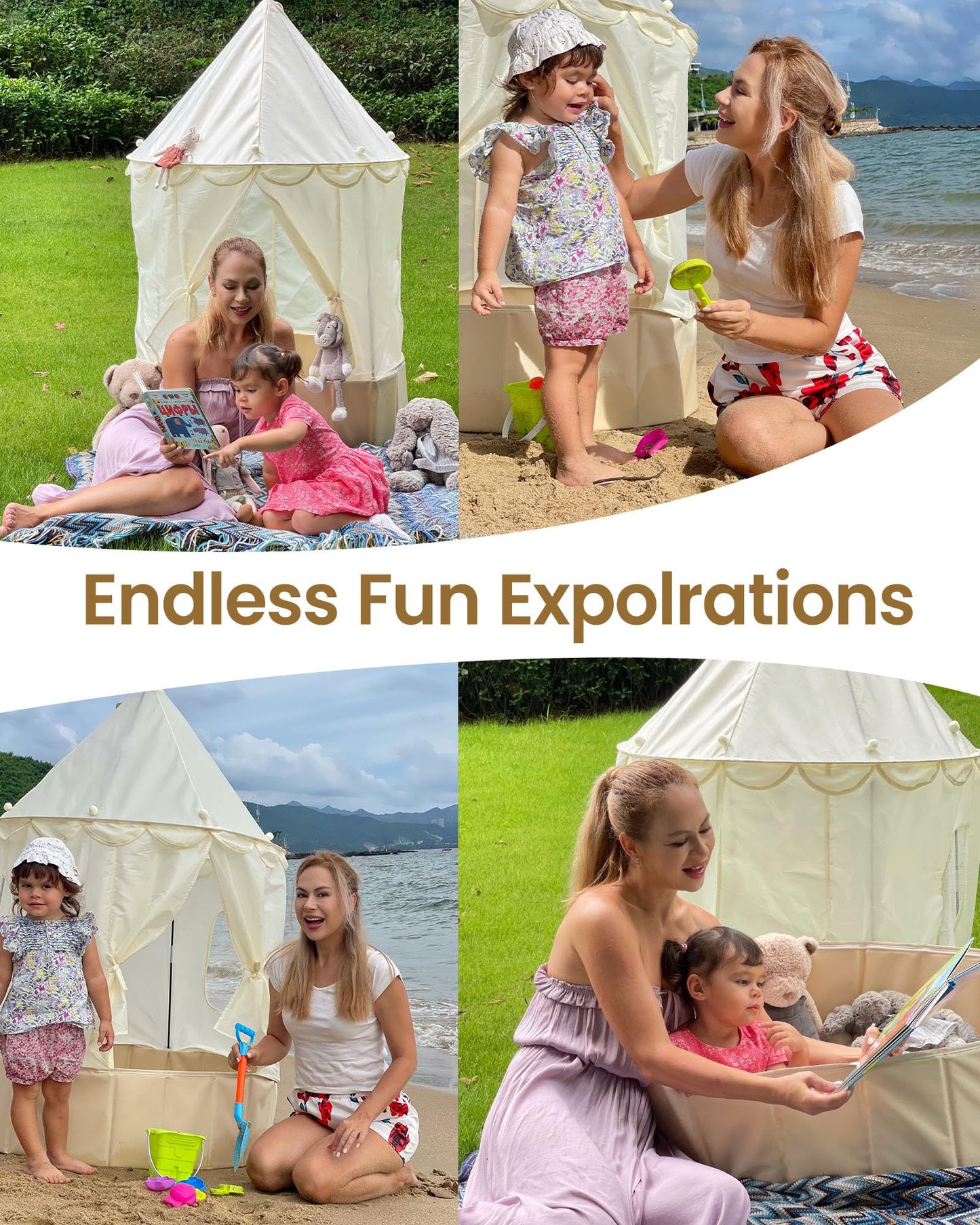 Hikiddy 3-in-1 Play Tent with Ball Pit – Foldable Beige Playhouse with Star Lights