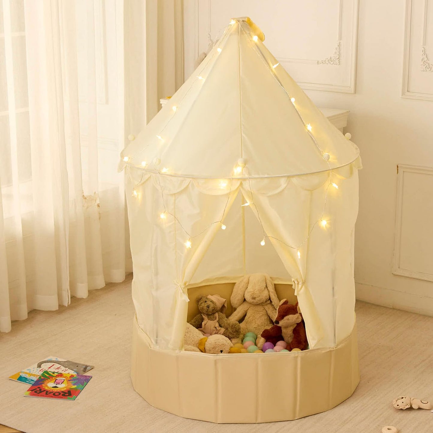Hikiddy 3-in-1 Play Tent with Ball Pit – Foldable Beige Playhouse with Star Lights